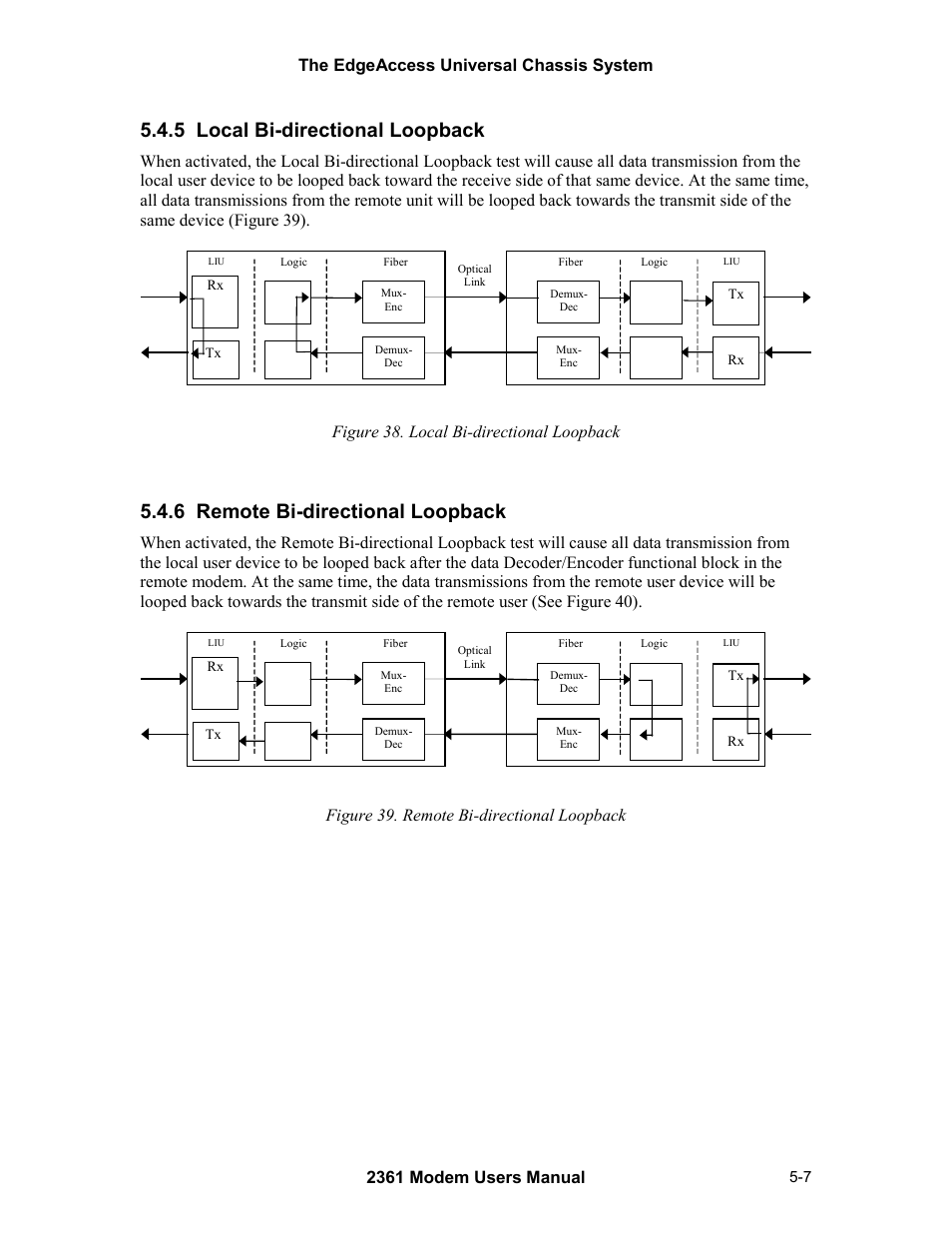 5 local bi-directional loopback, 6 remote bi-directional loopback, Figure 38. local bi-directional loopback | Figure 39. remote bi-directional loopback | CANOGA PERKINS 2361 T1 Modem User Manual | Page 49 / 76
