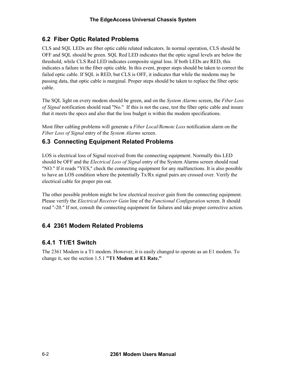 2 fiber optic related problems, 3 connecting equipment related problems, 4 2361 modem related problems | 1 t1/e1 switch | CANOGA PERKINS 2361 T1 Modem User Manual | Page 52 / 76