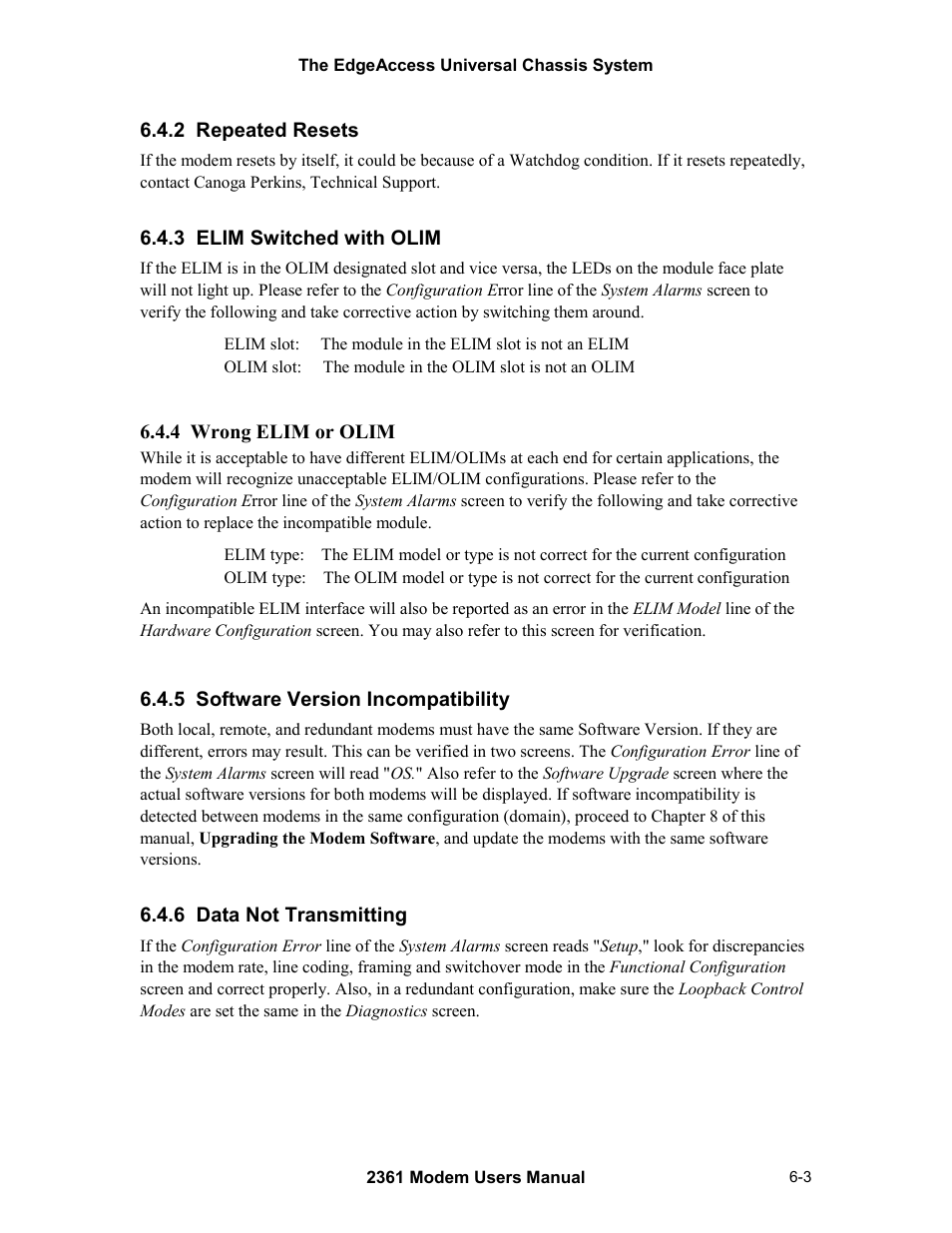 2 repeated resets, 3 elim switched with olim, 5 software version incompatibility | 6 data not transmitting | CANOGA PERKINS 2361 T1 Modem User Manual | Page 53 / 76