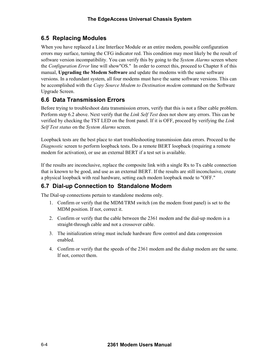 5 replacing modules, 6 data transmission errors, 7 dial-up connection to standalone modem | CANOGA PERKINS 2361 T1 Modem User Manual | Page 54 / 76