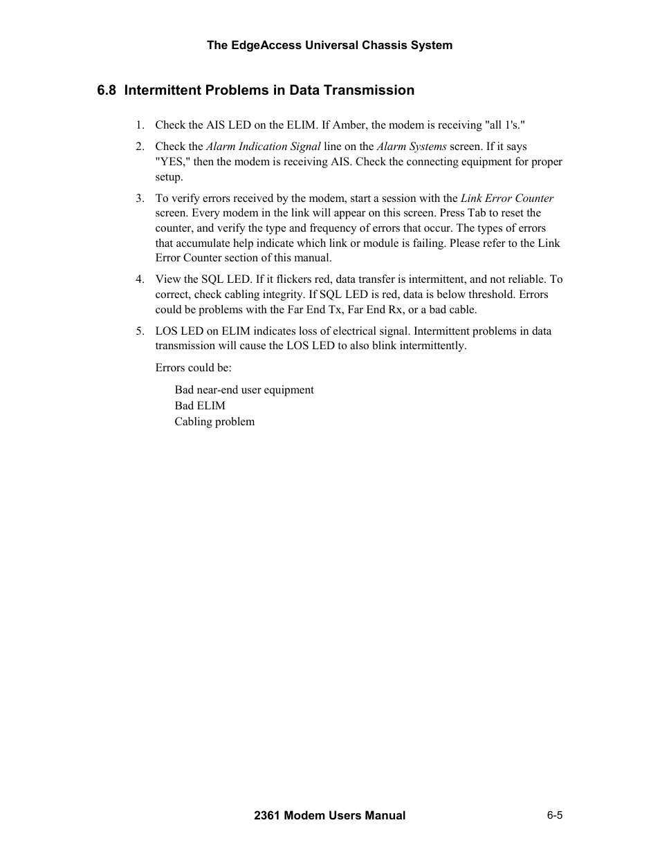 8 intermittent problems in data transmission, 8 intermittent problems in data transmission -5 | CANOGA PERKINS 2361 T1 Modem User Manual | Page 55 / 76