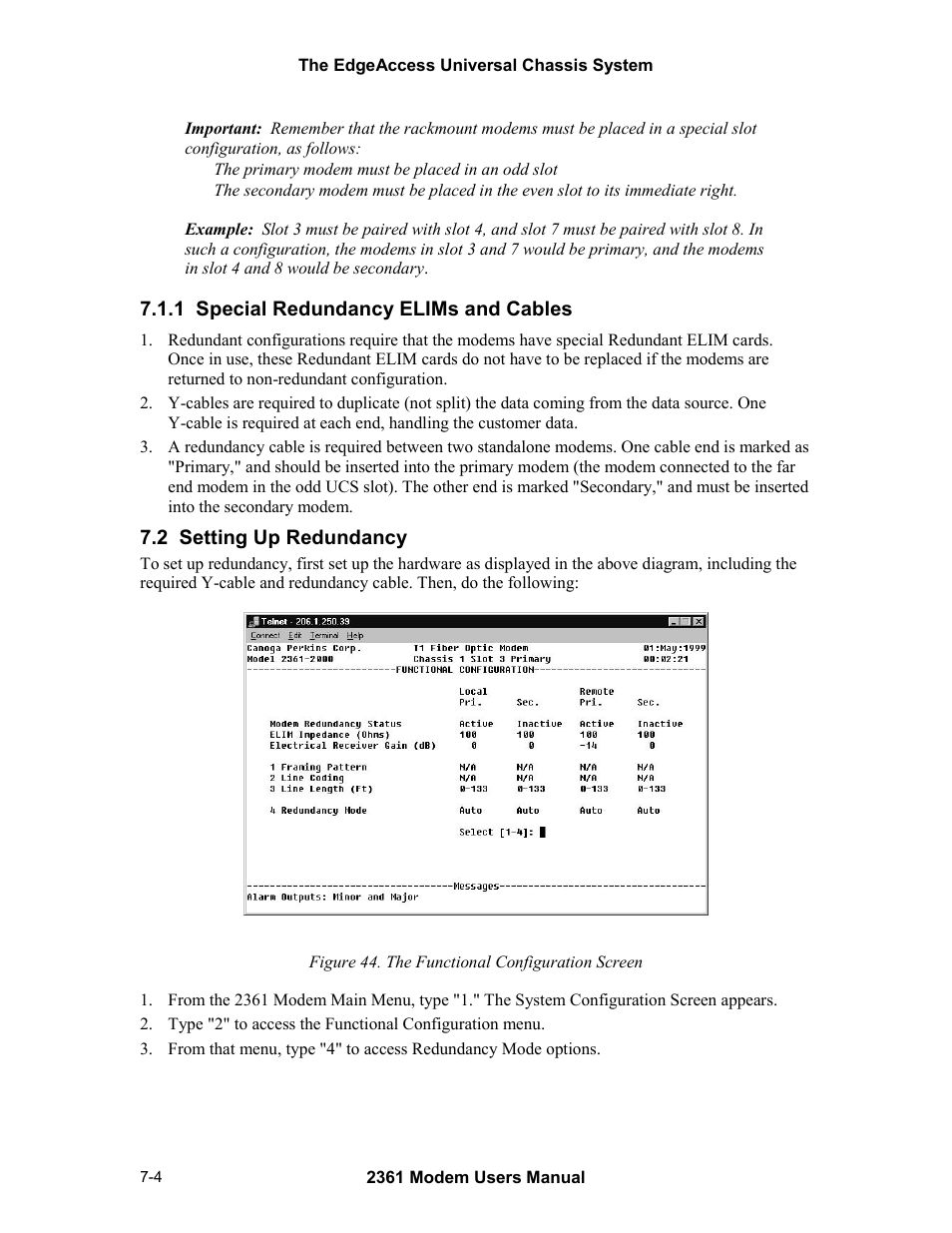 1 special redundancy elims and cables, 2 setting up redundancy, Figure 44. the functional configuration screen -4 | CANOGA PERKINS 2361 T1 Modem User Manual | Page 60 / 76