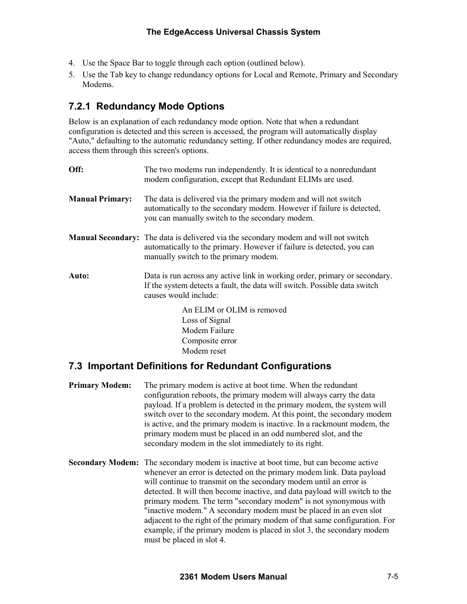 1 redundancy mode options | CANOGA PERKINS 2361 T1 Modem User Manual | Page 61 / 76
