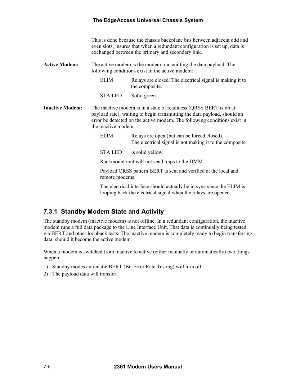 1 standby modem state and activity, 1 standby modem state and activity -6 | CANOGA PERKINS 2361 T1 Modem User Manual | Page 62 / 76