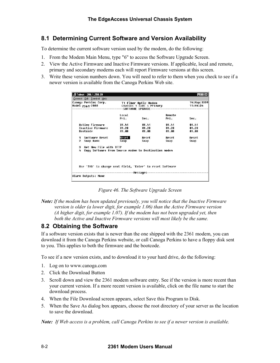 2 obtaining the software, Figure 46. the software upgrade screen -2 | CANOGA PERKINS 2361 T1 Modem User Manual | Page 66 / 76