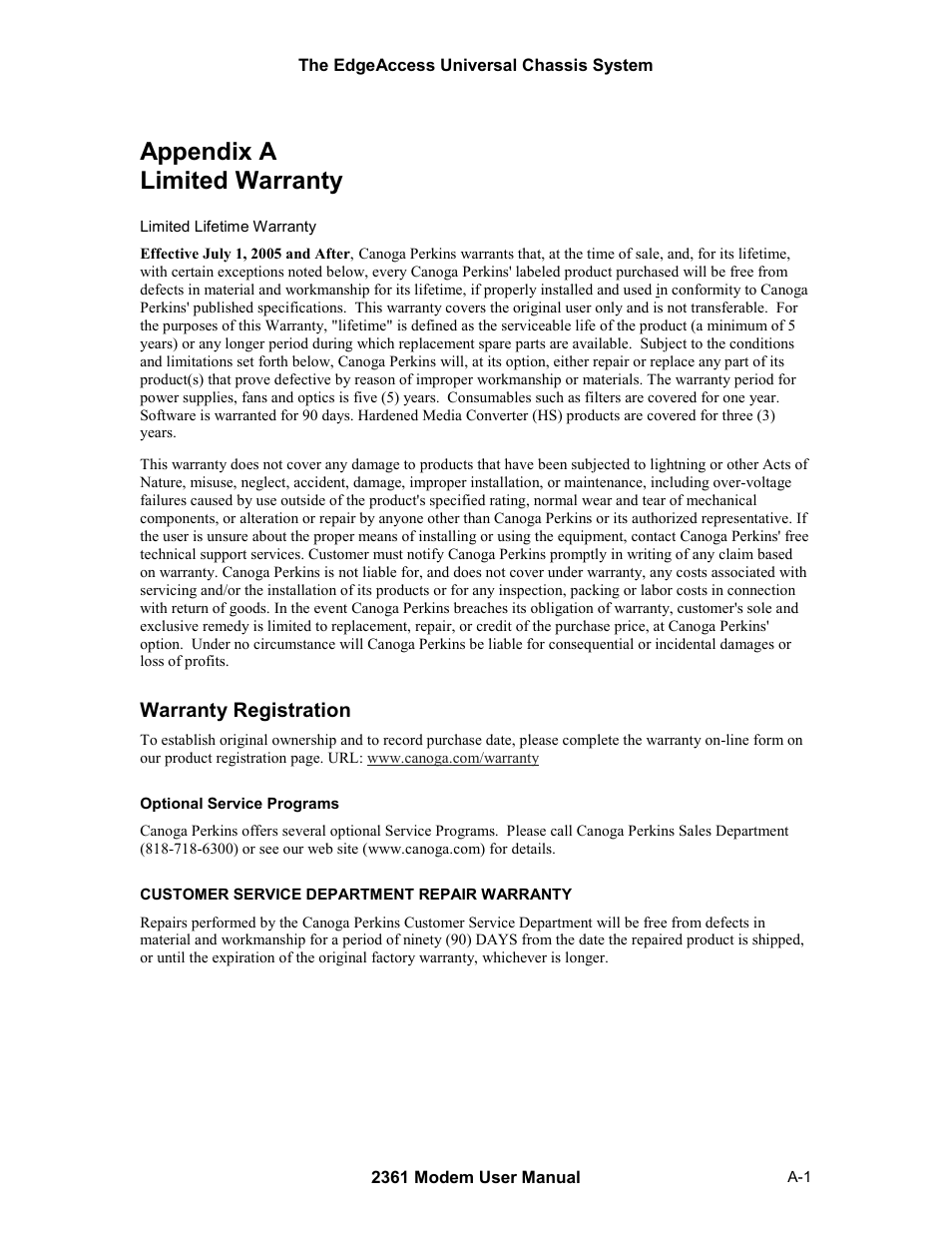 Limited warranty, Appendix a limited warranty, Warranty registration | CANOGA PERKINS 2361 T1 Modem User Manual | Page 73 / 76
