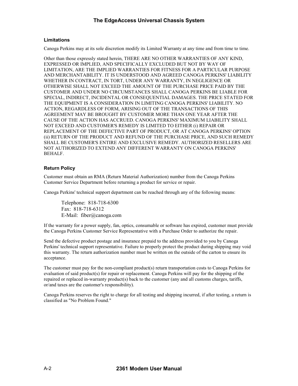CANOGA PERKINS 2361 T1 Modem User Manual | Page 74 / 76