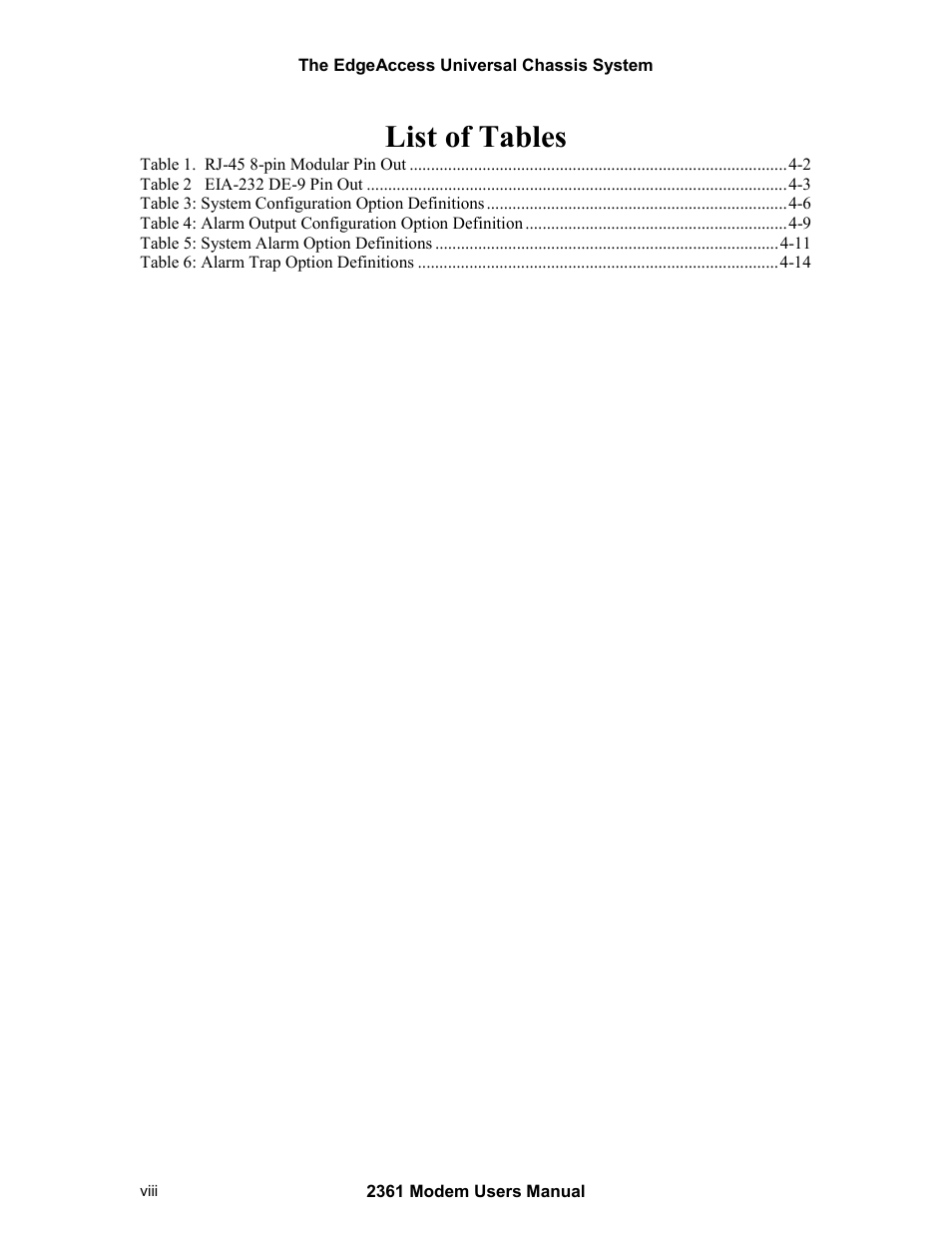 List of tables | CANOGA PERKINS 2361 T1 Modem User Manual | Page 8 / 76