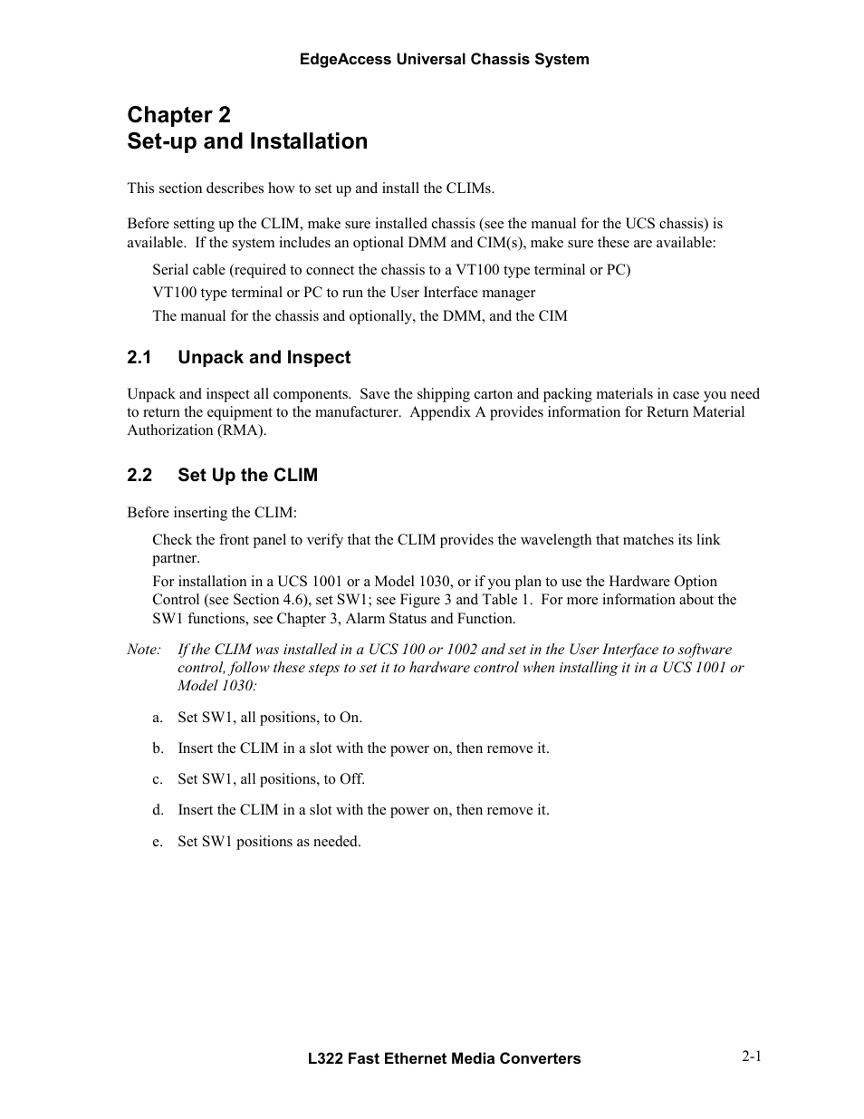 Chapter 2 set-up and installation, 1unpack and inspect, 2set up the clim | Chapter 2 set-up and installation -1, Unpack and inspect -1, Set up the clim -1 | CANOGA PERKINS L322 Fast Ethernet Media Converter User Manual | Page 11 / 38