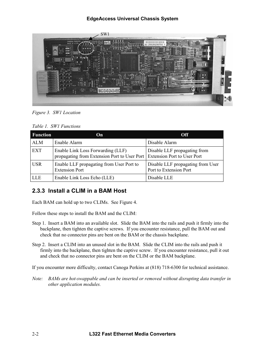 3install a clim in a bam host, Install a clim in a bam host -2, Figure 3. sw1 location -2 | Table 1. sw1 functions -2 | CANOGA PERKINS L322 Fast Ethernet Media Converter User Manual | Page 12 / 38
