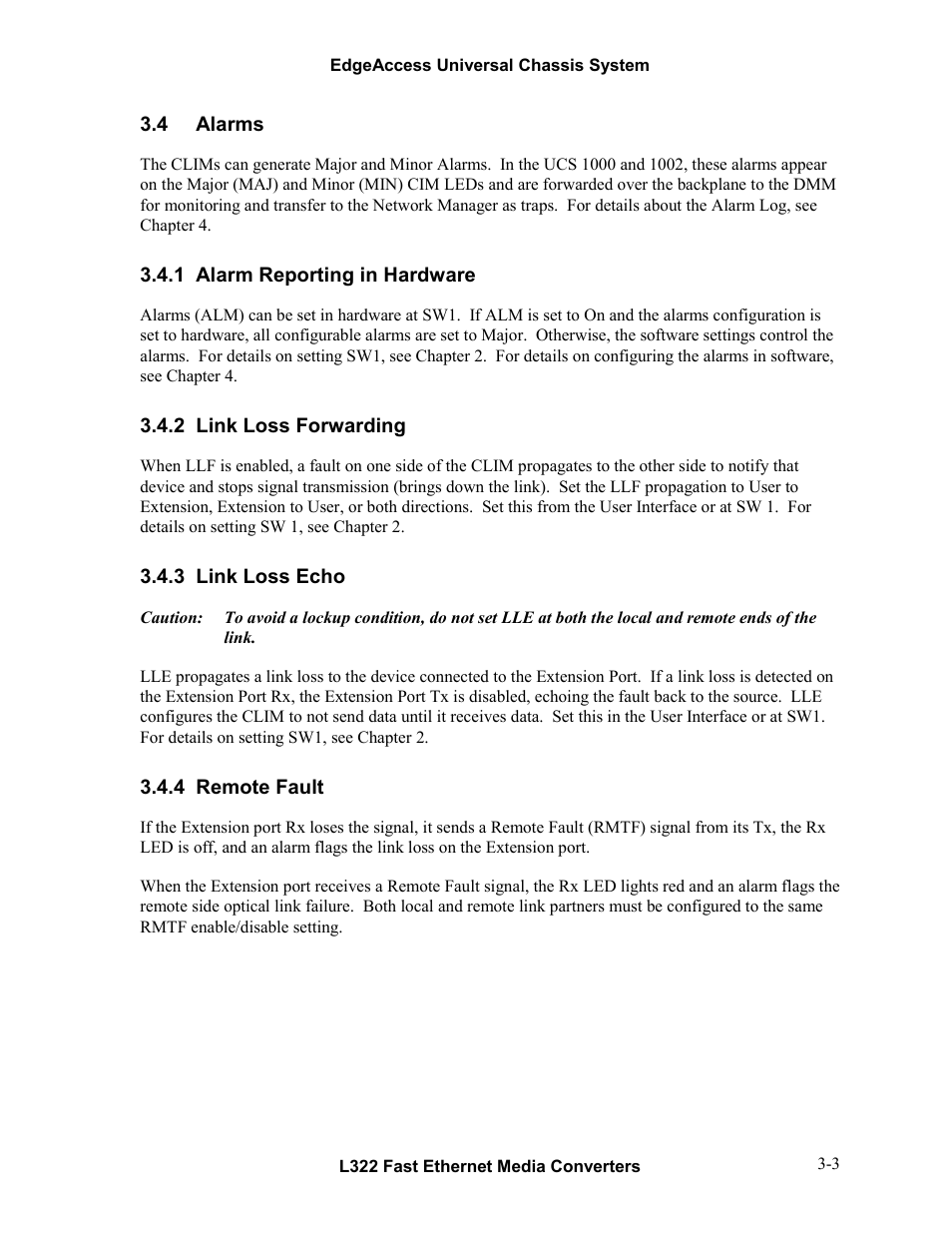 4alarms, 1alarm reporting in hardware, 2link loss forwarding | 3link loss echo, 4remote fault, Alarms -3, Alarm reporting in hardware -3, Link loss forwarding -3, Link loss echo -3, Remote fault -3 | CANOGA PERKINS L322 Fast Ethernet Media Converter User Manual | Page 17 / 38