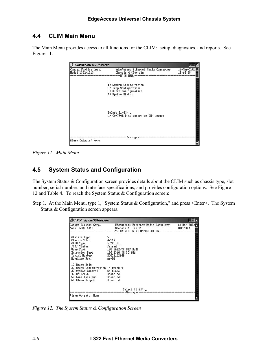 4clim main menu, 5system status and configuration, Clim main menu -6 | System status and configuration -6 | CANOGA PERKINS L322 Fast Ethernet Media Converter User Manual | Page 24 / 38