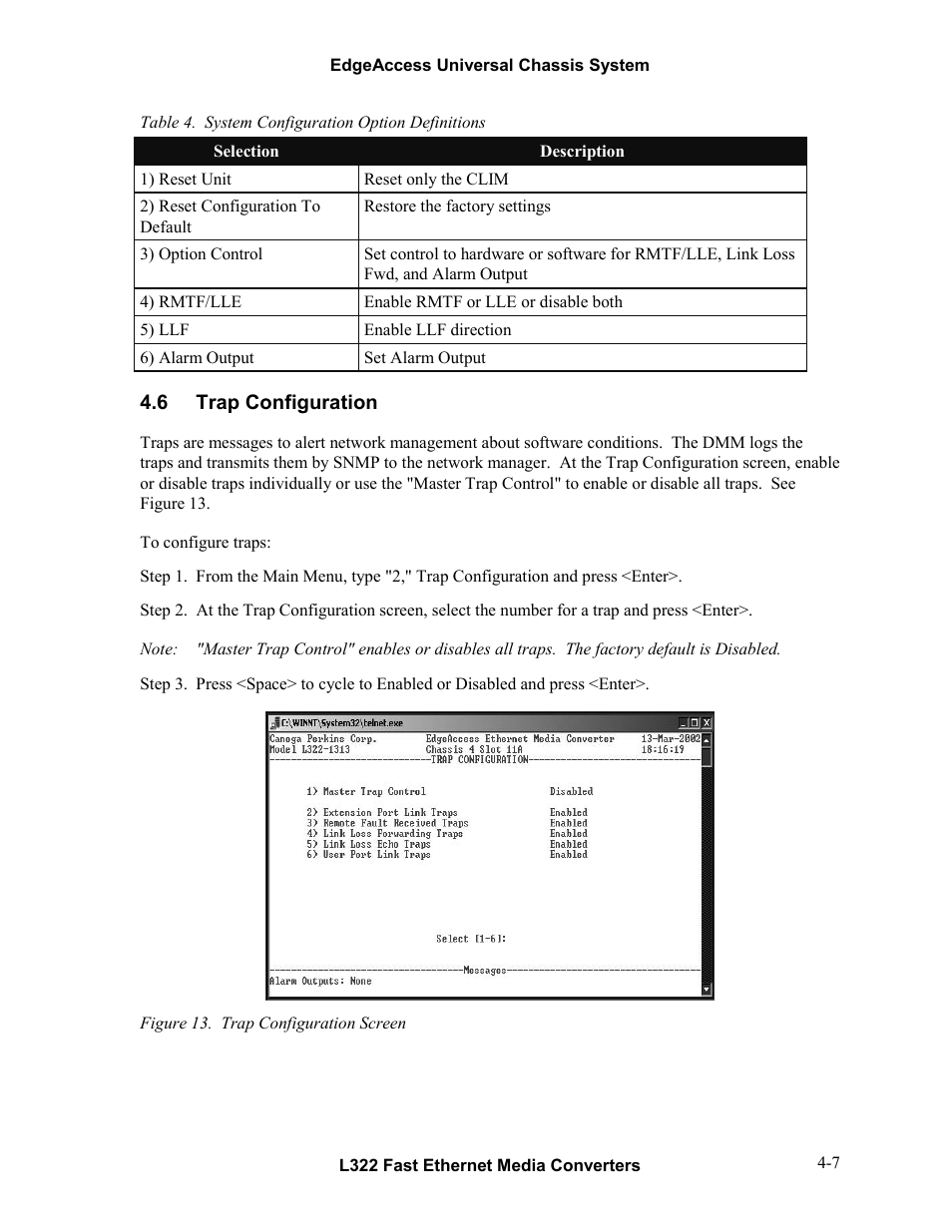 6trap configuration, Trap configuration -7, Figure 13. trap configuration screen -7 | CANOGA PERKINS L322 Fast Ethernet Media Converter User Manual | Page 25 / 38
