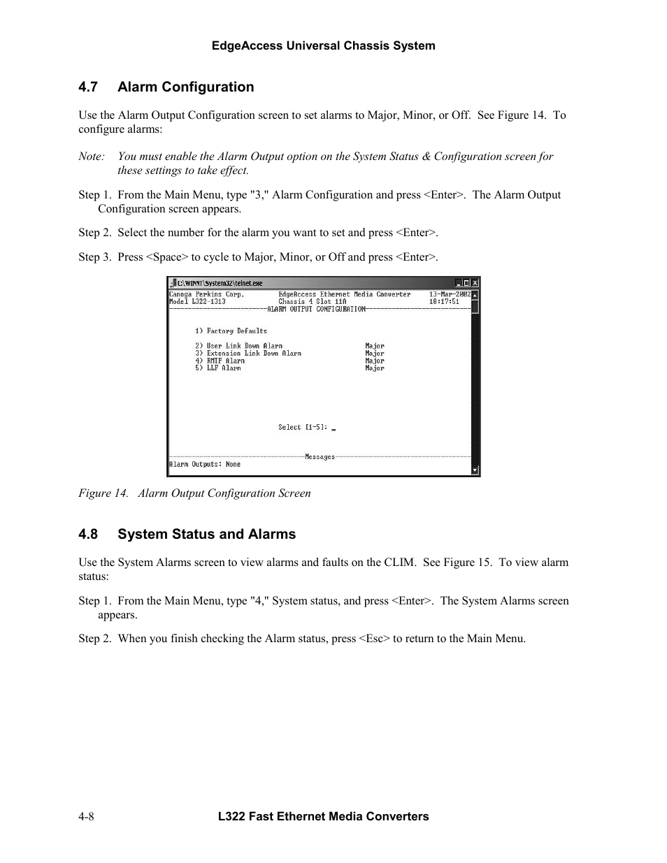 7alarm configuration, 8system status and alarms, Alarm configuration -8 | System status and alarms -8, Figure 14. alarm output configuration screen -8 | CANOGA PERKINS L322 Fast Ethernet Media Converter User Manual | Page 26 / 38