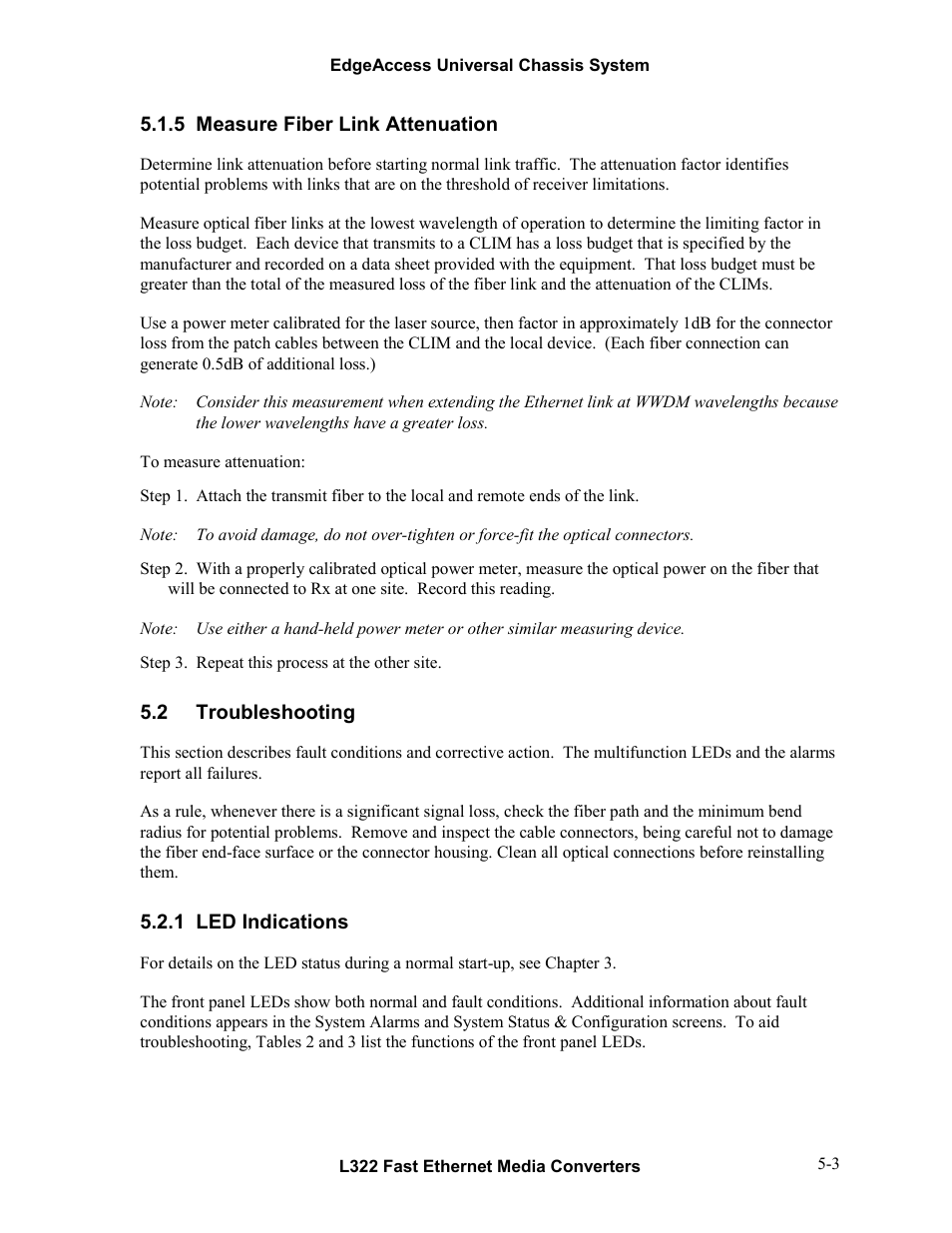 5measure fiber link attenuation, 2troubleshooting, 1led indications | Measure fiber link attenuation -3, Troubleshooting -3, Led indications -3 | CANOGA PERKINS L322 Fast Ethernet Media Converter User Manual | Page 31 / 38