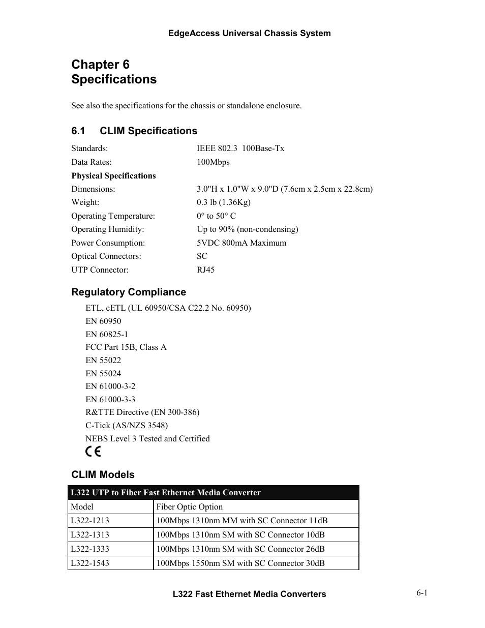 Chapter 6 specifications, 1clim specifications, Chapter 6 specifications -1 | Clim specifications -1 | CANOGA PERKINS L322 Fast Ethernet Media Converter User Manual | Page 33 / 38