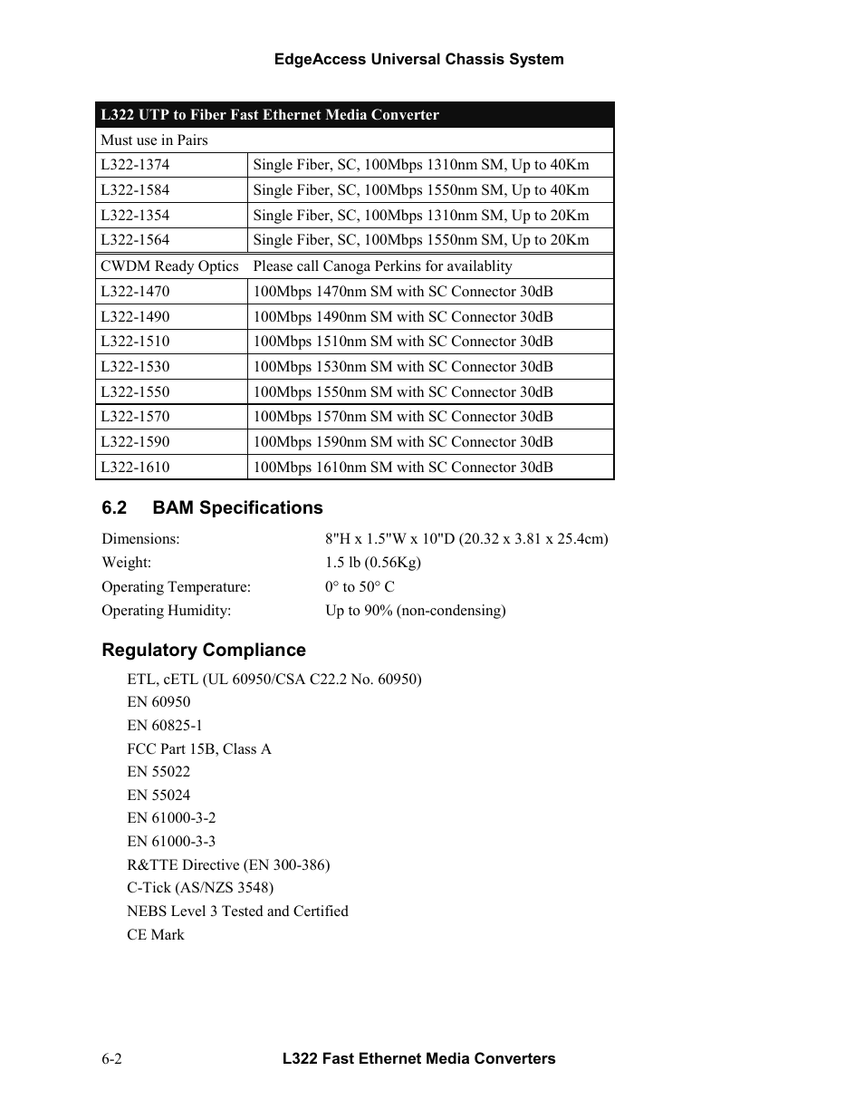 2bam specifications, Bam specifications -2 | CANOGA PERKINS L322 Fast Ethernet Media Converter User Manual | Page 34 / 38