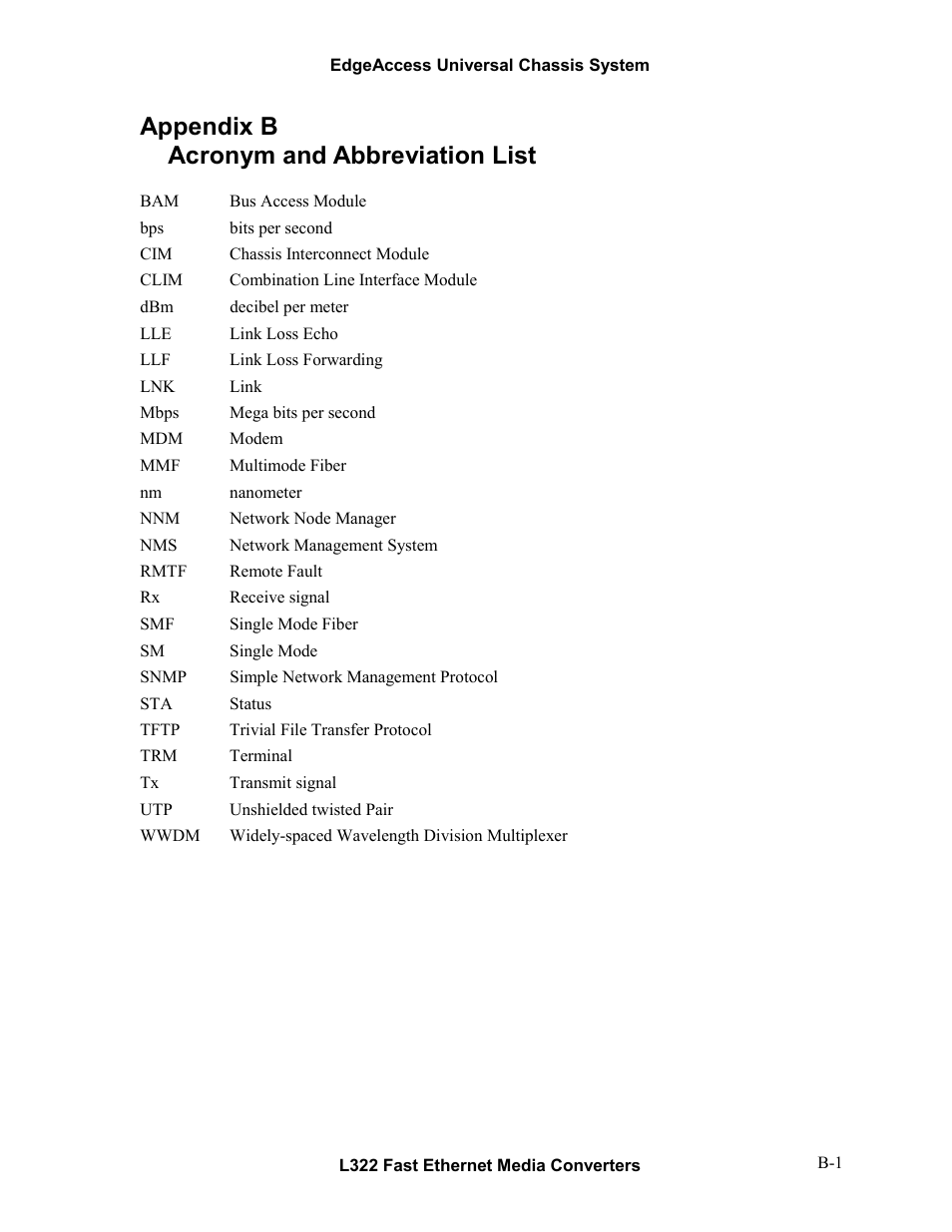 Appendix b acronym and abbreviation list | CANOGA PERKINS L322 Fast Ethernet Media Converter User Manual | Page 37 / 38