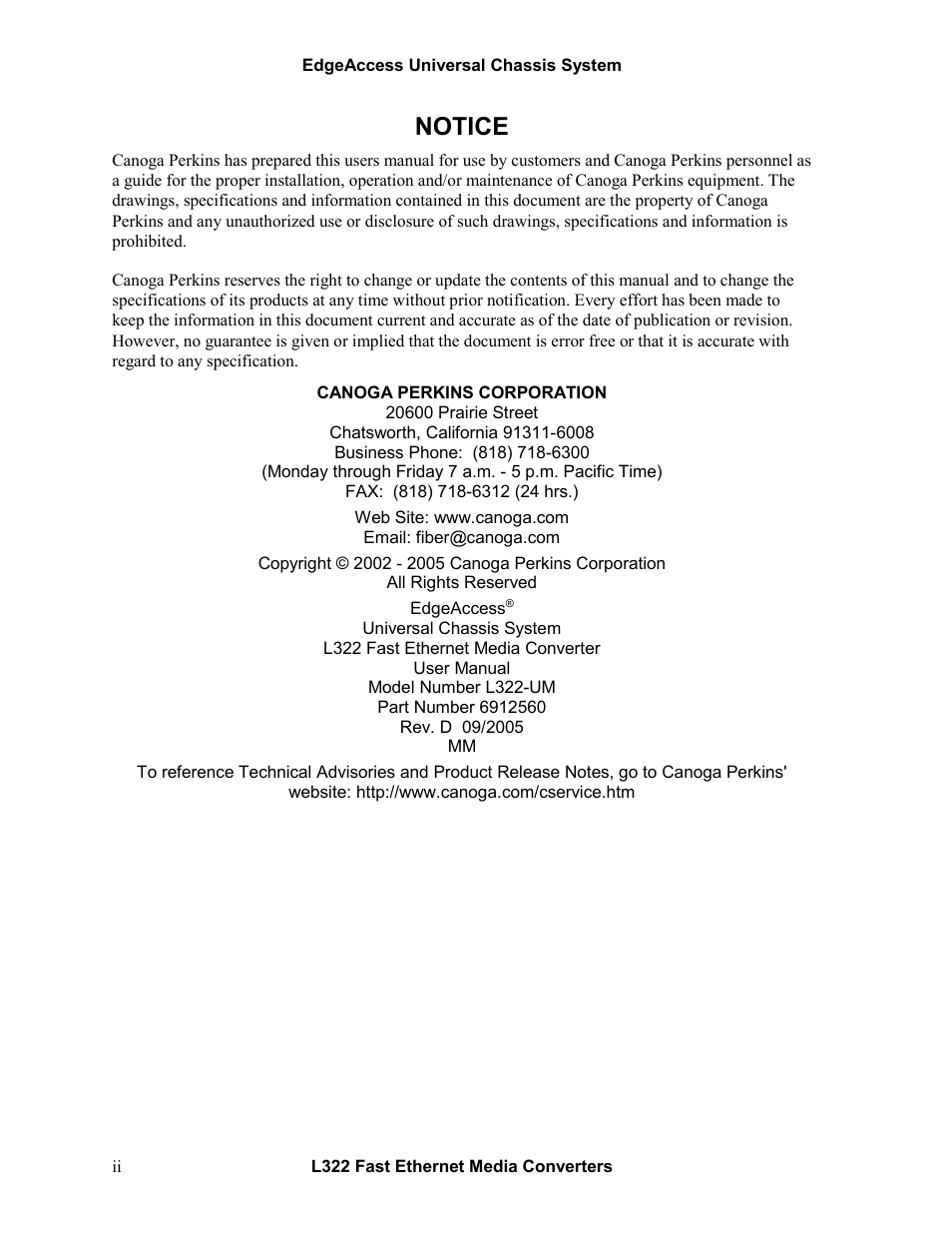 Notice | CANOGA PERKINS L322 Fast Ethernet Media Converter User Manual | Page 4 / 38