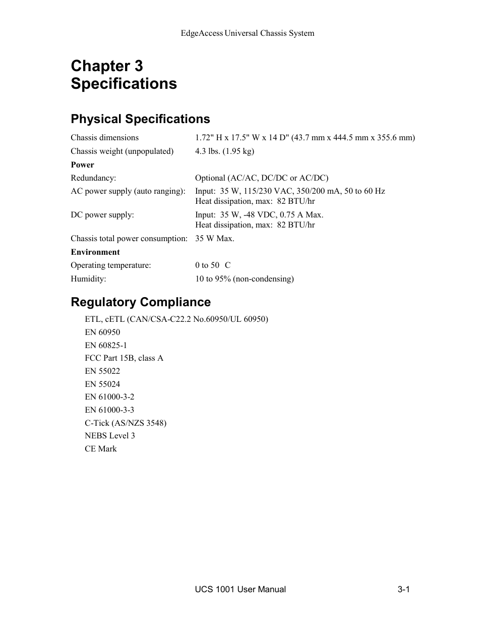 Chapter 3 specifications, Physical specifications, Regulatory compliance | Chapter 3 specifications -1 | CANOGA PERKINS UCS 1001 Universal Chassis System User Manual | Page 11 / 16