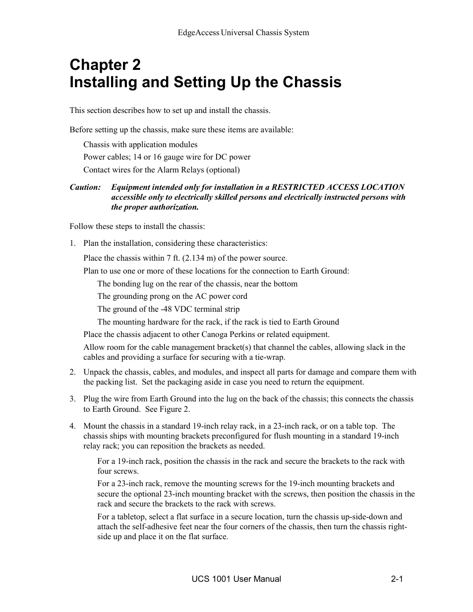 Chapter 2 installing and setting up the chassis, Chapter 2 installing and setting up the chassis -1 | CANOGA PERKINS UCS 1001 Universal Chassis System User Manual | Page 9 / 16