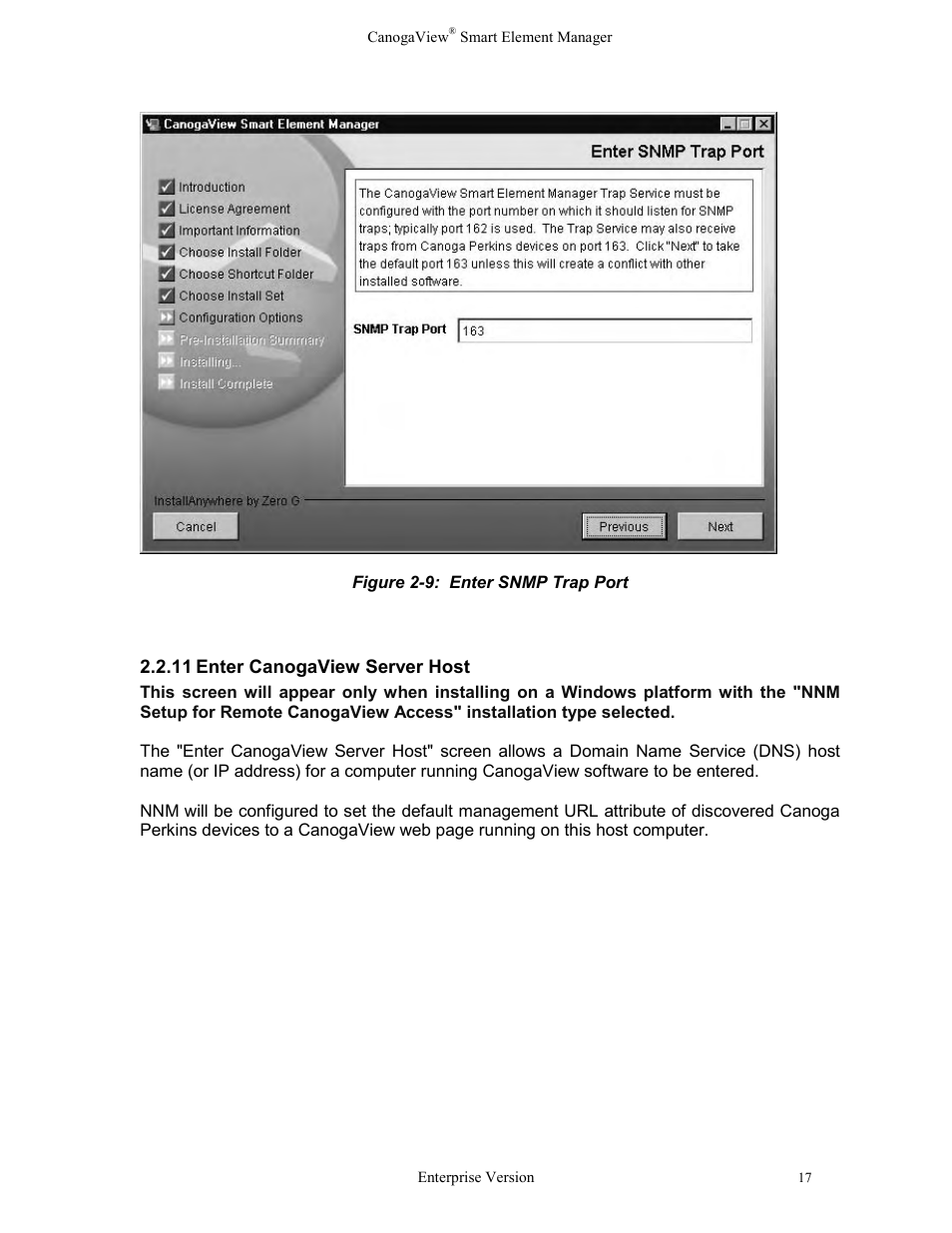 Enter canogaview server host, Figure 2-9: enter snmp trap port | CANOGA PERKINS CanogaView Smart Element Manager User Manual | Page 23 / 83