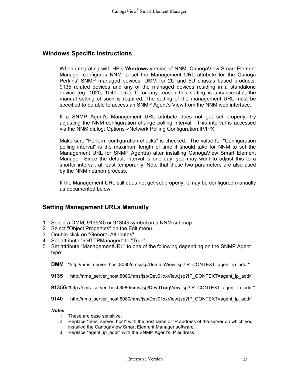 Windows specific instructions, Setting management urls manually | CANOGA PERKINS CanogaView Smart Element Manager User Manual | Page 29 / 83