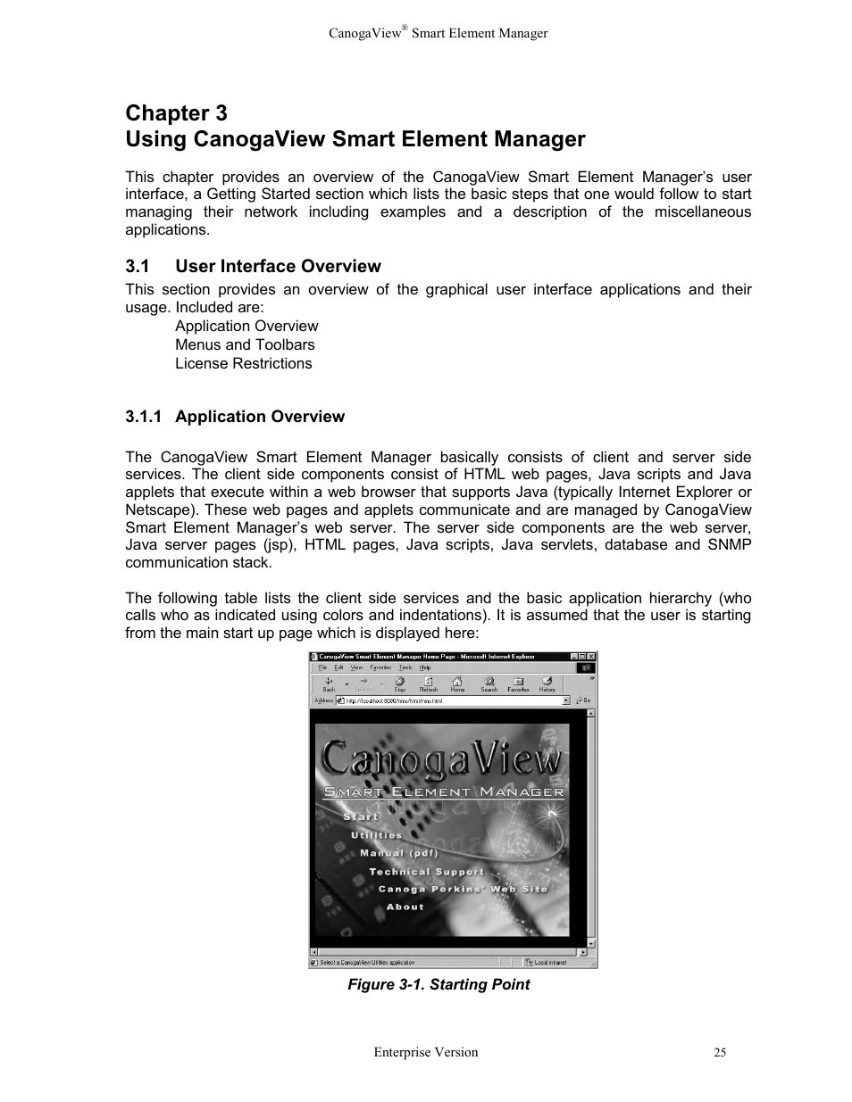 Chapter 3 using canogaview smart element manager, User interface overview, 1application overview | Application overview, Figure 3-1. starting point | CANOGA PERKINS CanogaView Smart Element Manager User Manual | Page 31 / 83