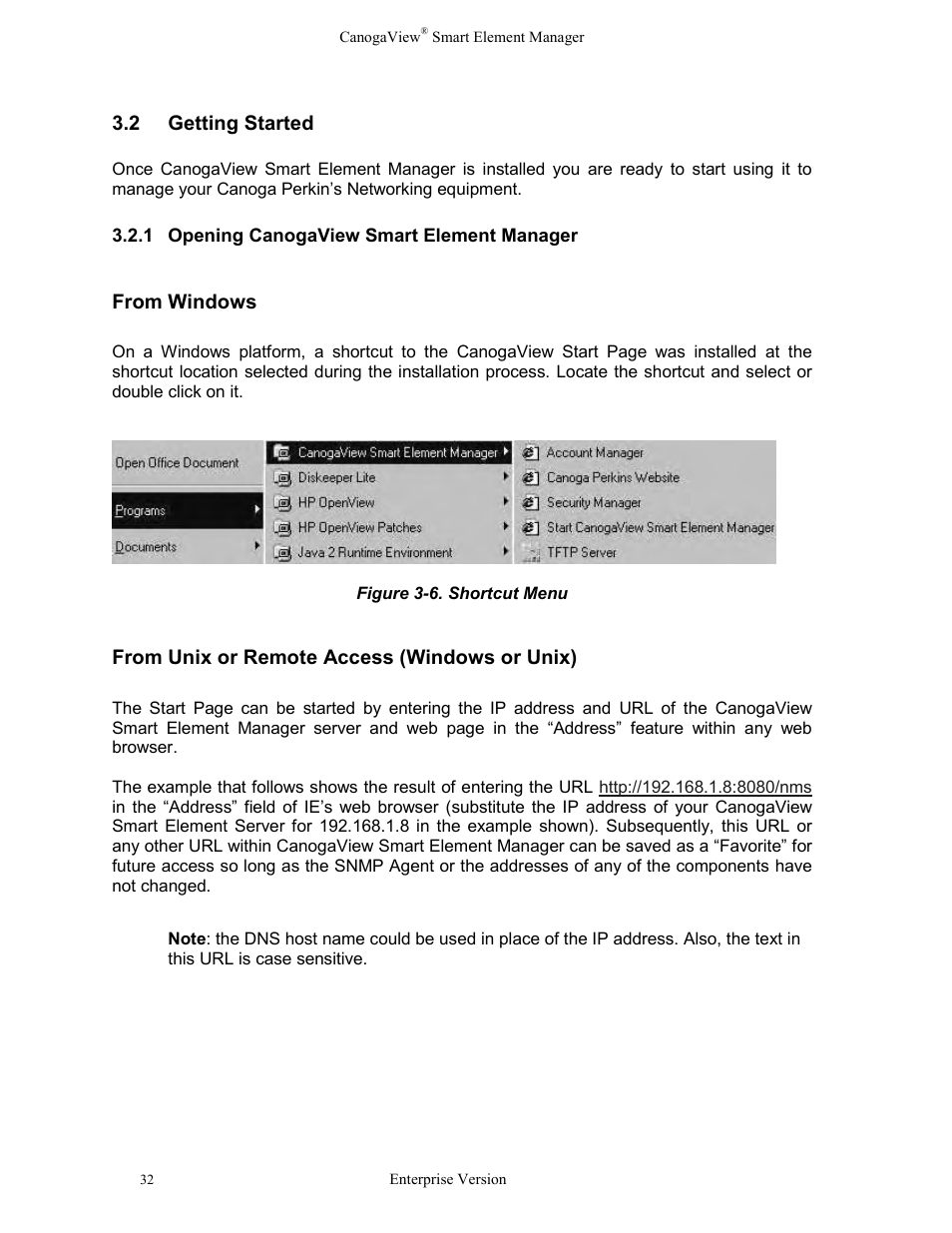 Getting started, 1 opening canogaview smart element manager, 1 opening | Canogaview, Smart element manager, Figure 3-6. shortcut menu | CANOGA PERKINS CanogaView Smart Element Manager User Manual | Page 38 / 83