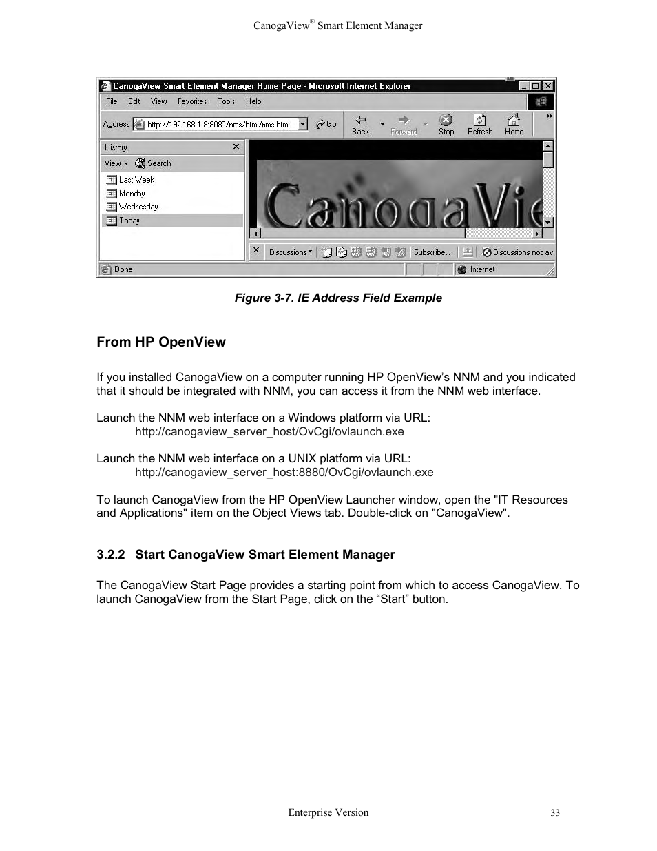 2start canogaview smart element manager, Start canogaview smart element manager, Figure 3-7. ie address field example | CANOGA PERKINS CanogaView Smart Element Manager User Manual | Page 39 / 83