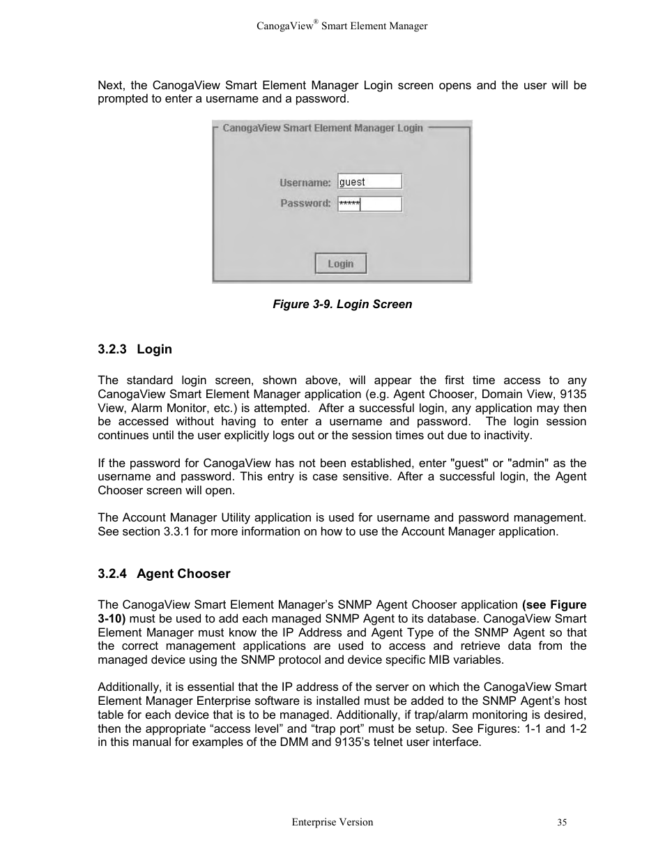 3login, 4agent chooser, Login | Agent chooser, Figure 3-9. login screen | CANOGA PERKINS CanogaView Smart Element Manager User Manual | Page 41 / 83