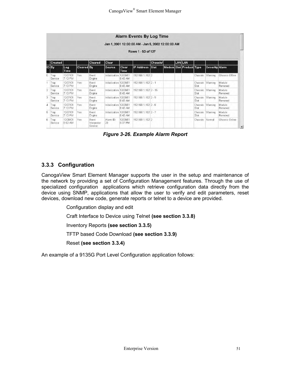 3configuration, Configuration, Figure 3-26. example alarm report | CANOGA PERKINS CanogaView Smart Element Manager User Manual | Page 57 / 83