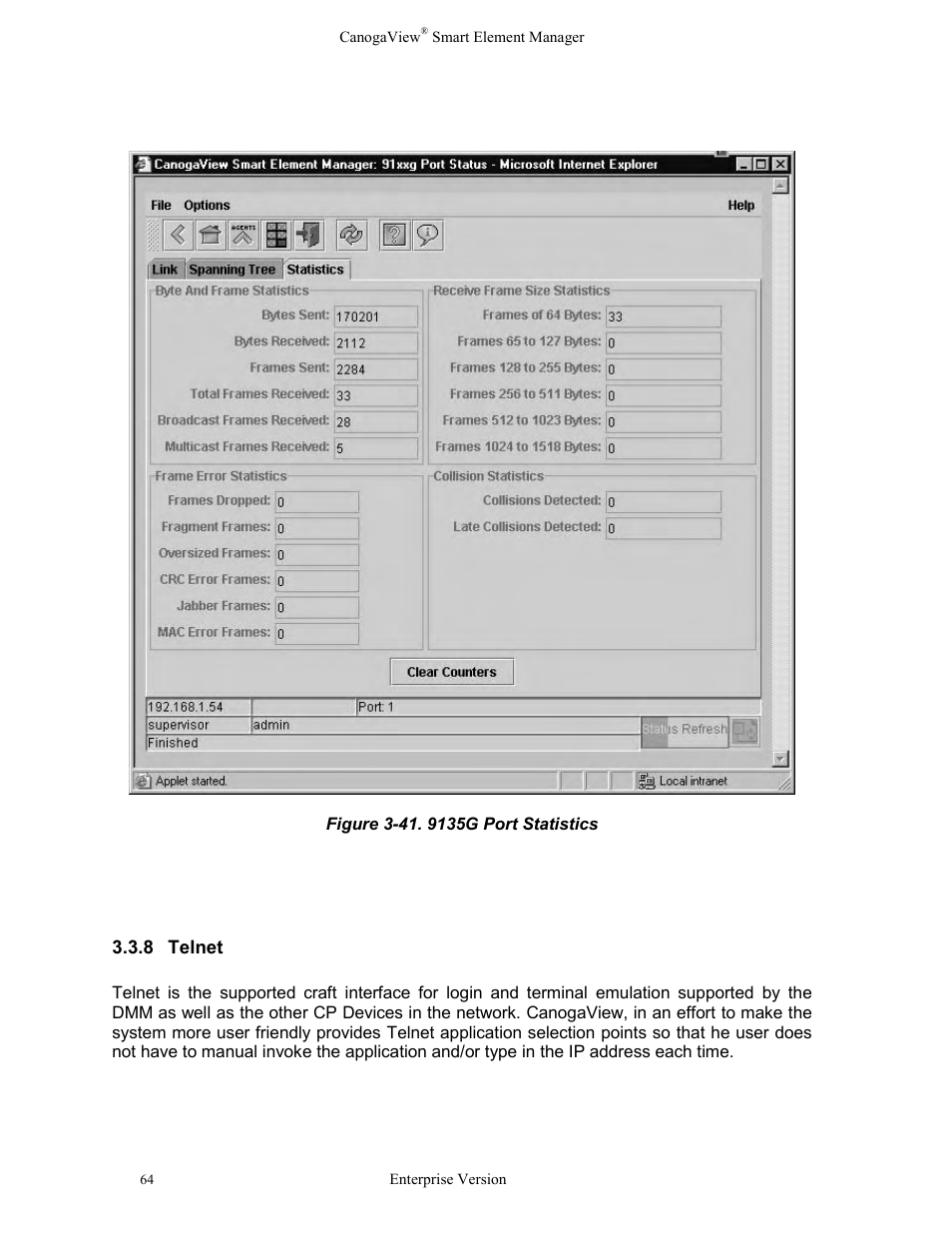 8telnet, Telnet, Figure 3-41. 9135g port statistics | CANOGA PERKINS CanogaView Smart Element Manager User Manual | Page 70 / 83