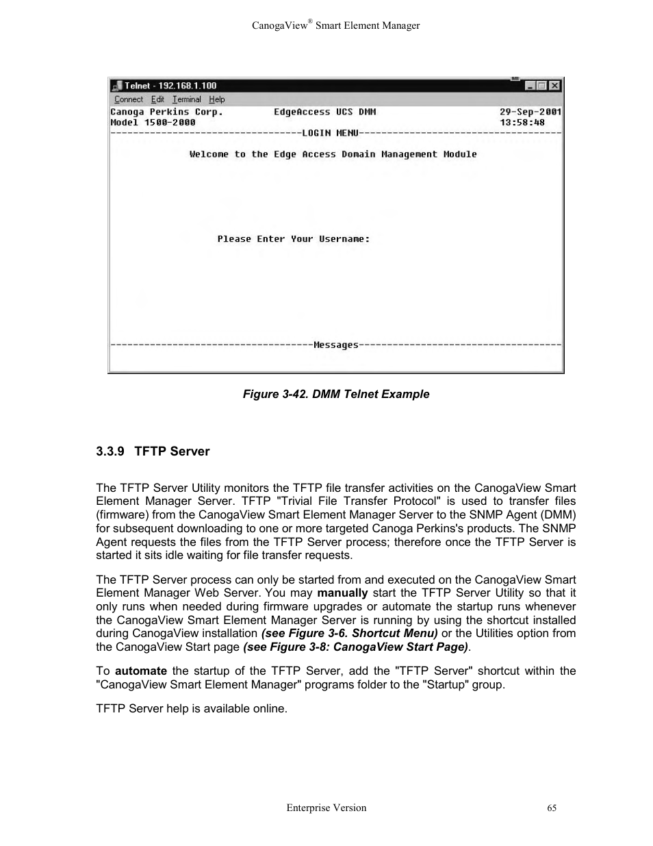 9tftp server, Tftp server, Figure 3-42. dmm telnet example | CANOGA PERKINS CanogaView Smart Element Manager User Manual | Page 71 / 83