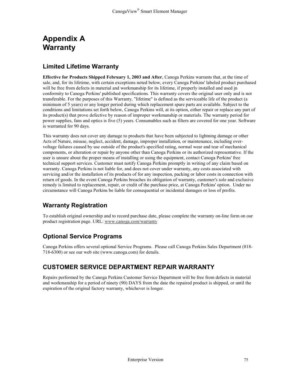 Appendix a warranty, Limited lifetime warranty, Warranty registration | Optional service programs, Customer service department repair warranty | CANOGA PERKINS CanogaView Smart Element Manager User Manual | Page 81 / 83