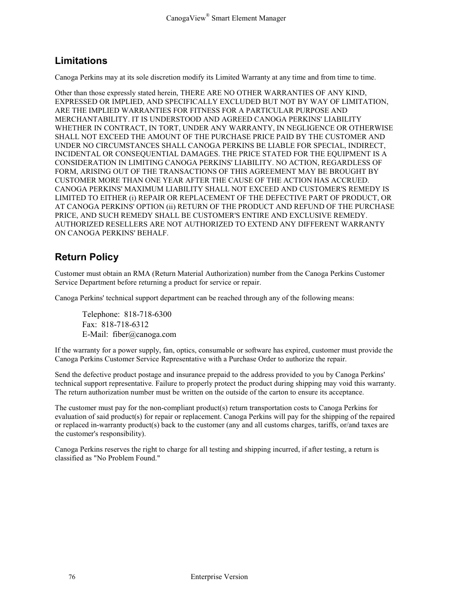 Limitations, Return policy | CANOGA PERKINS CanogaView Smart Element Manager User Manual | Page 82 / 83