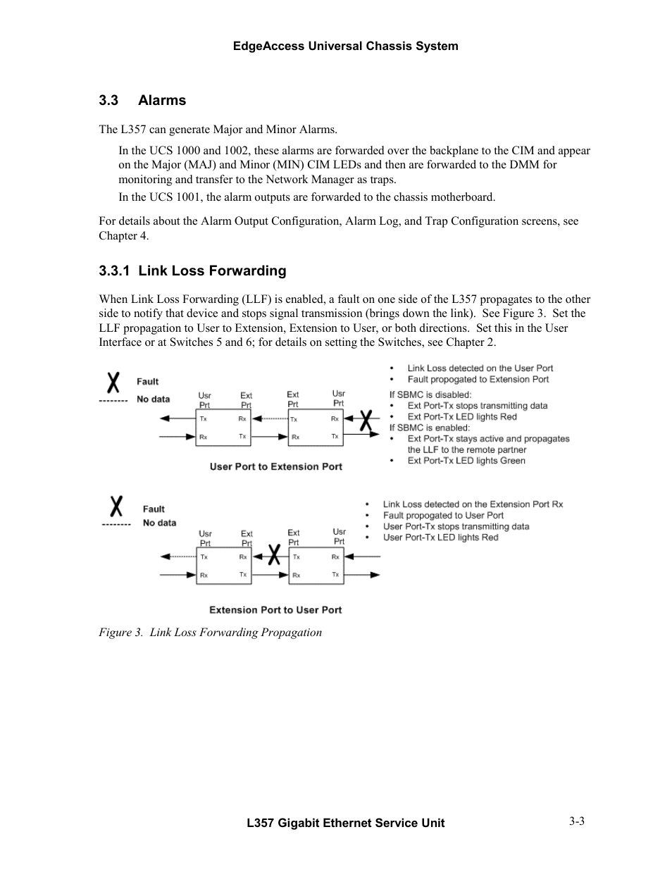 3alarms, 1link loss forwarding, Alarms -3 | Link loss forwarding -3, Figure 3. link loss forwarding propagation -3, Ion 3.3 | CANOGA PERKINS L357 Gigabit Ethernet Service Unit User Manual | Page 17 / 58