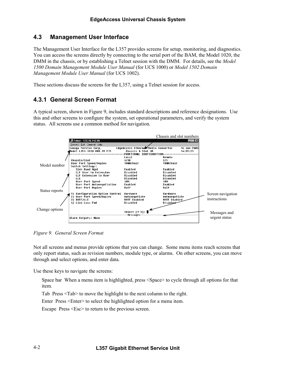 3management user interface, 1general screen format, Management user interface -2 | General screen format -2, Figure 9. general screen format -2 | CANOGA PERKINS L357 Gigabit Ethernet Service Unit User Manual | Page 22 / 58