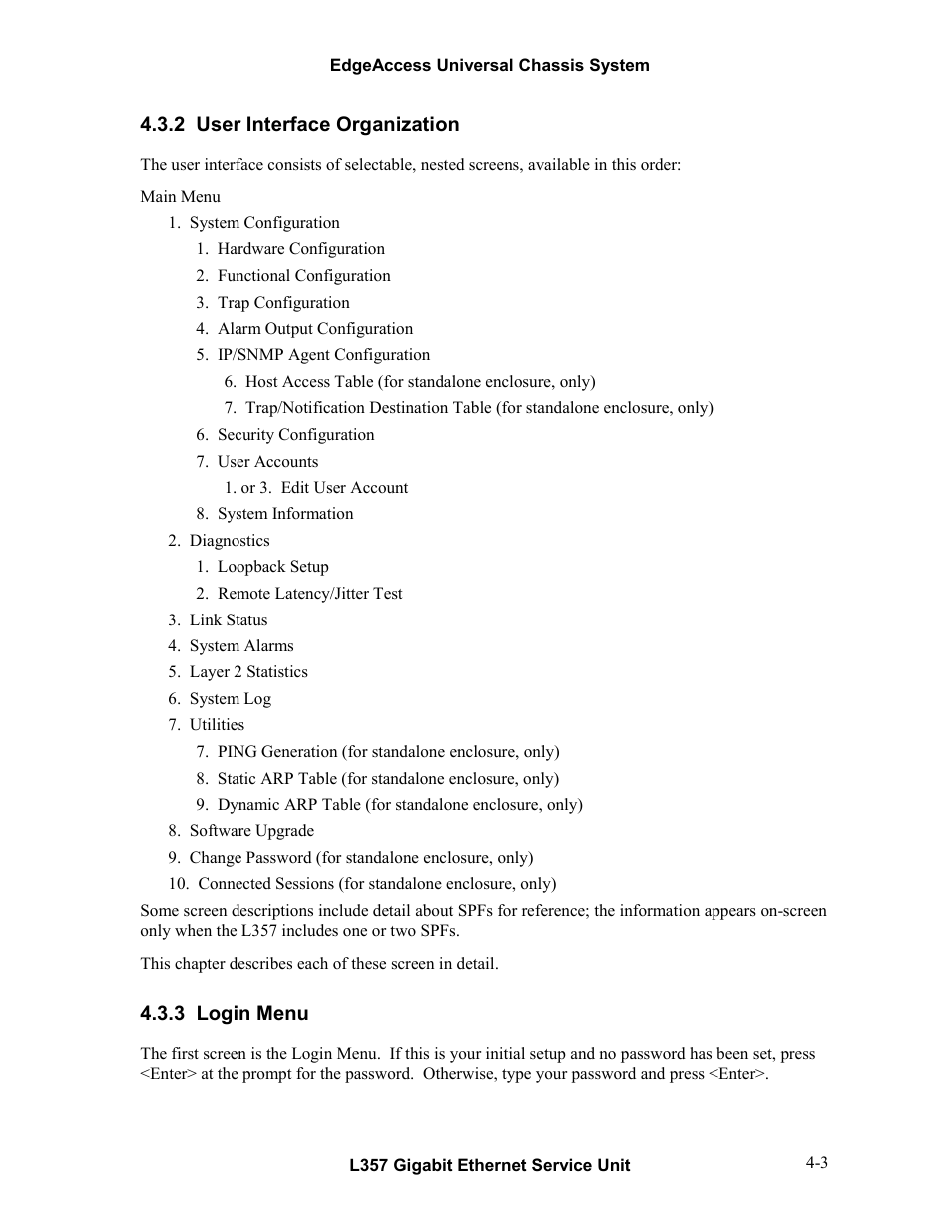 2user interface organization, 3login menu, User interface organization -3 | Login menu -3 | CANOGA PERKINS L357 Gigabit Ethernet Service Unit User Manual | Page 23 / 58