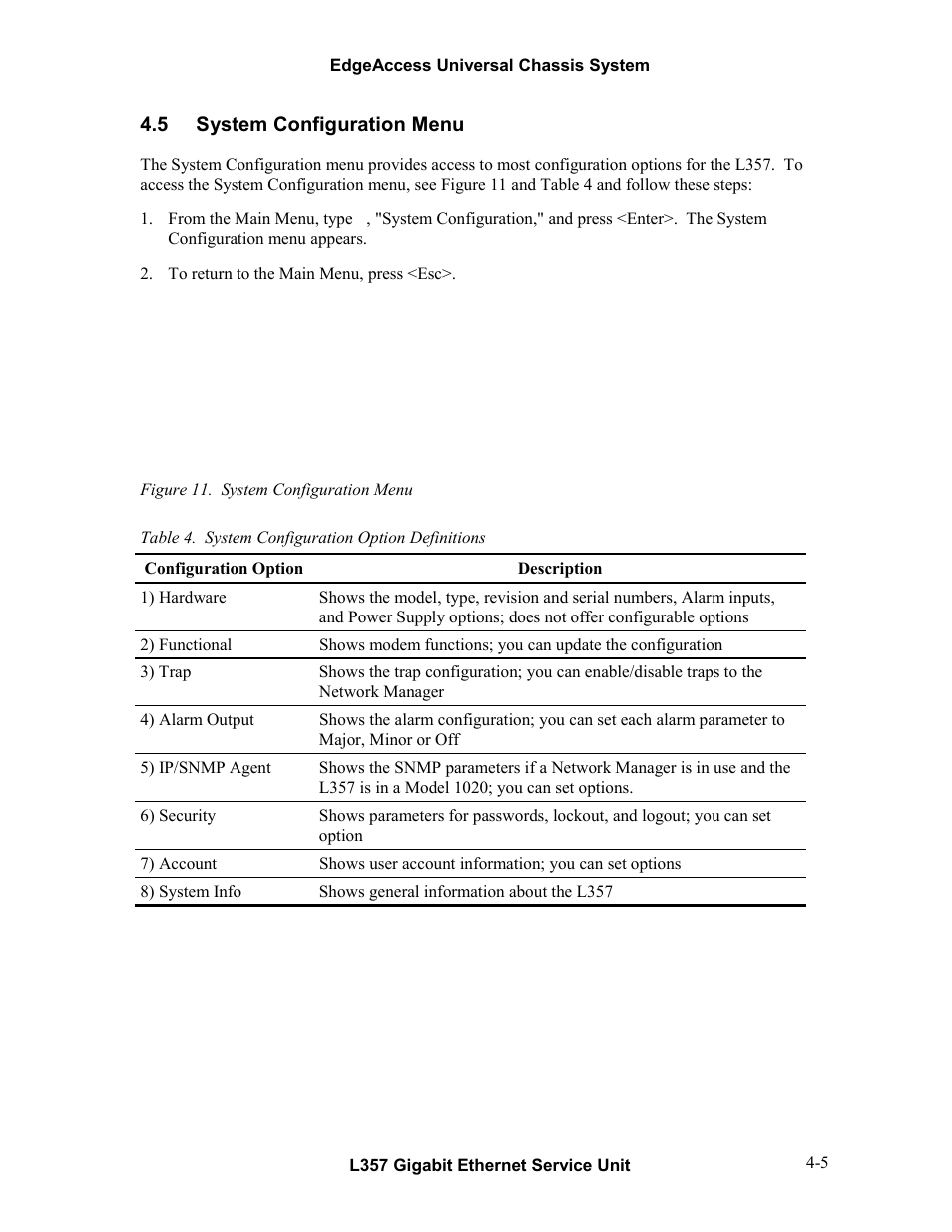 5system configuration menu, System configuration menu -5, Figure 11. system configuration menu -5 | CANOGA PERKINS L357 Gigabit Ethernet Service Unit User Manual | Page 25 / 58