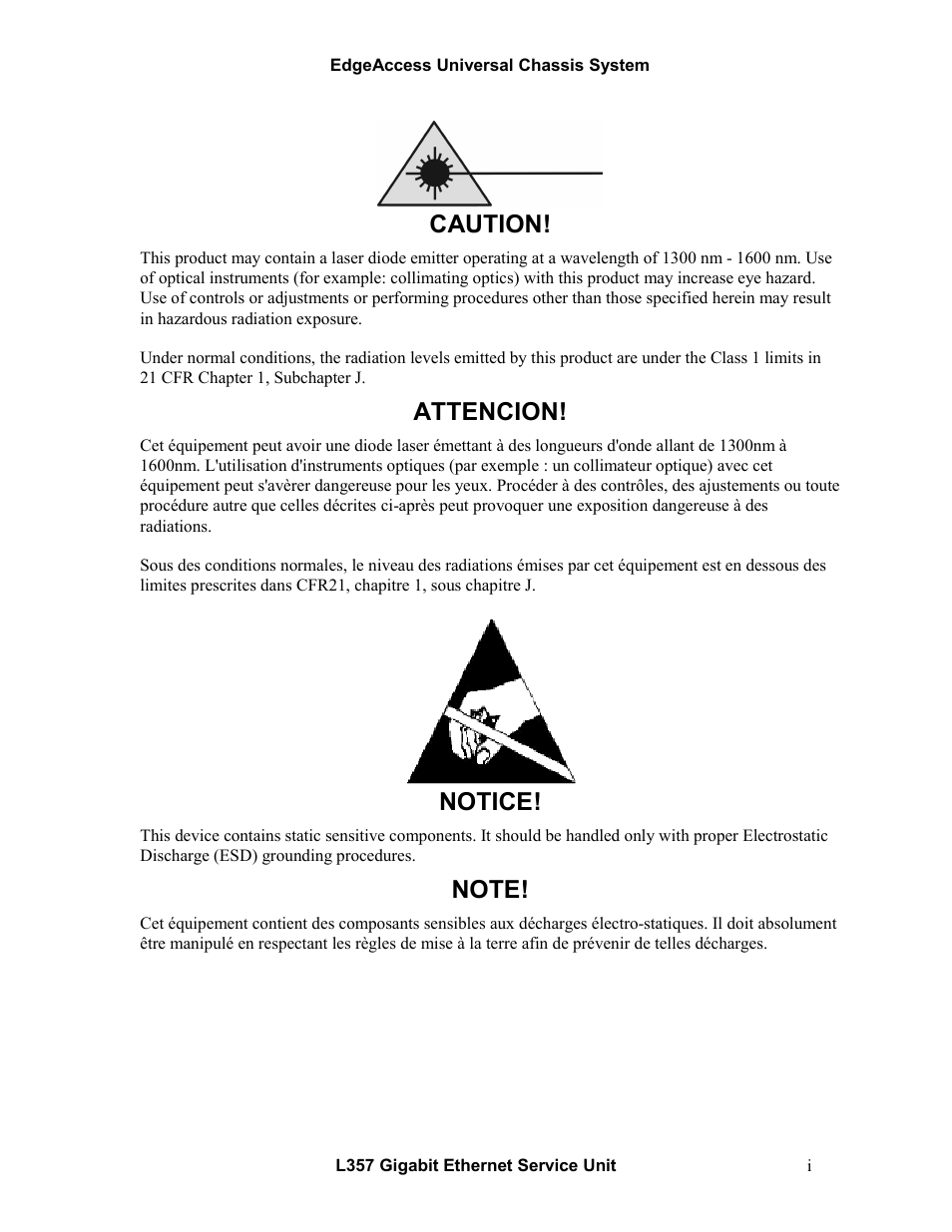 Caution, Attencion, Notice | CANOGA PERKINS L357 Gigabit Ethernet Service Unit User Manual | Page 3 / 58