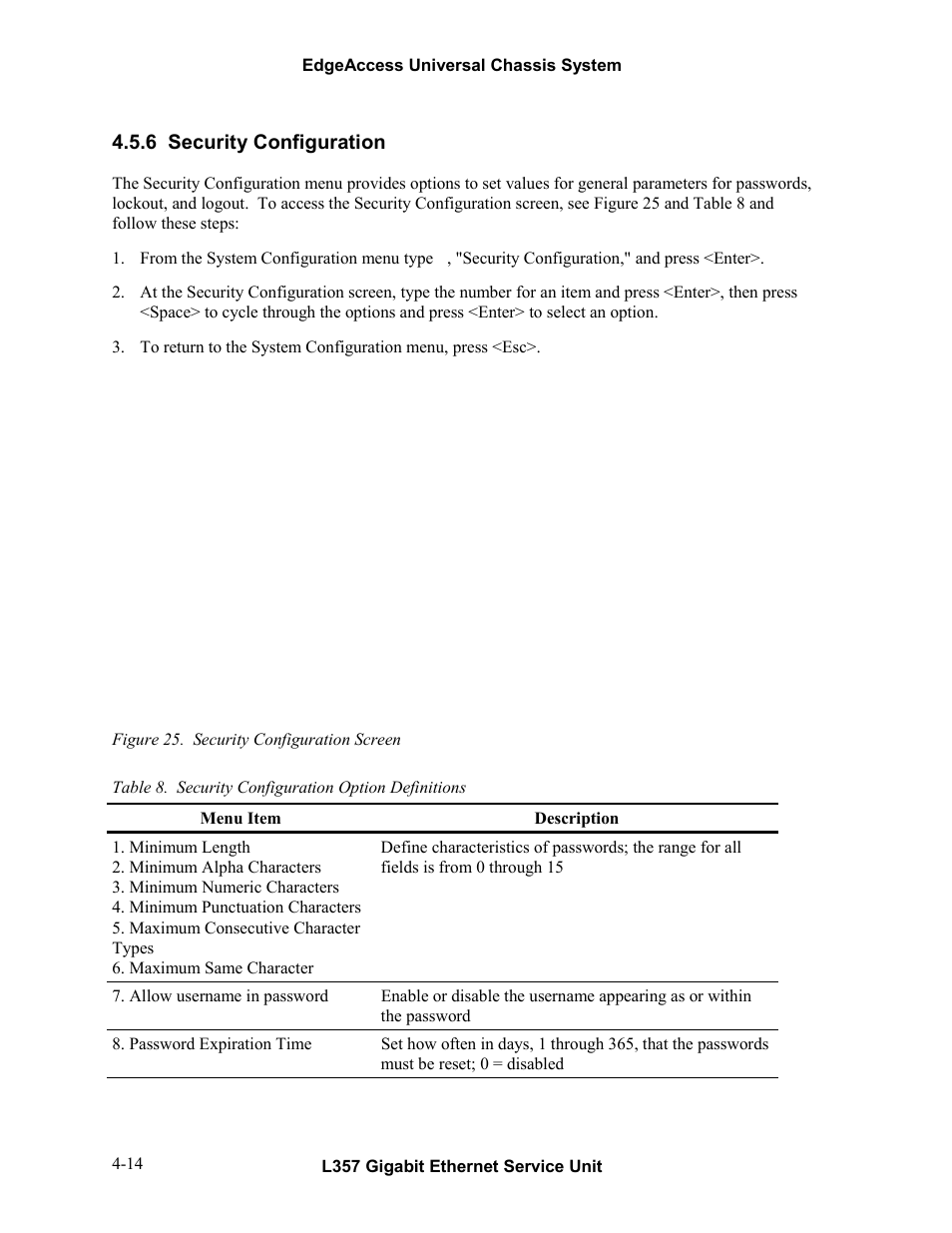 6security configuration, Security configuration -14, Figure 25. security configuration screen -14 | 6 security configuration | CANOGA PERKINS L357 Gigabit Ethernet Service Unit User Manual | Page 34 / 58