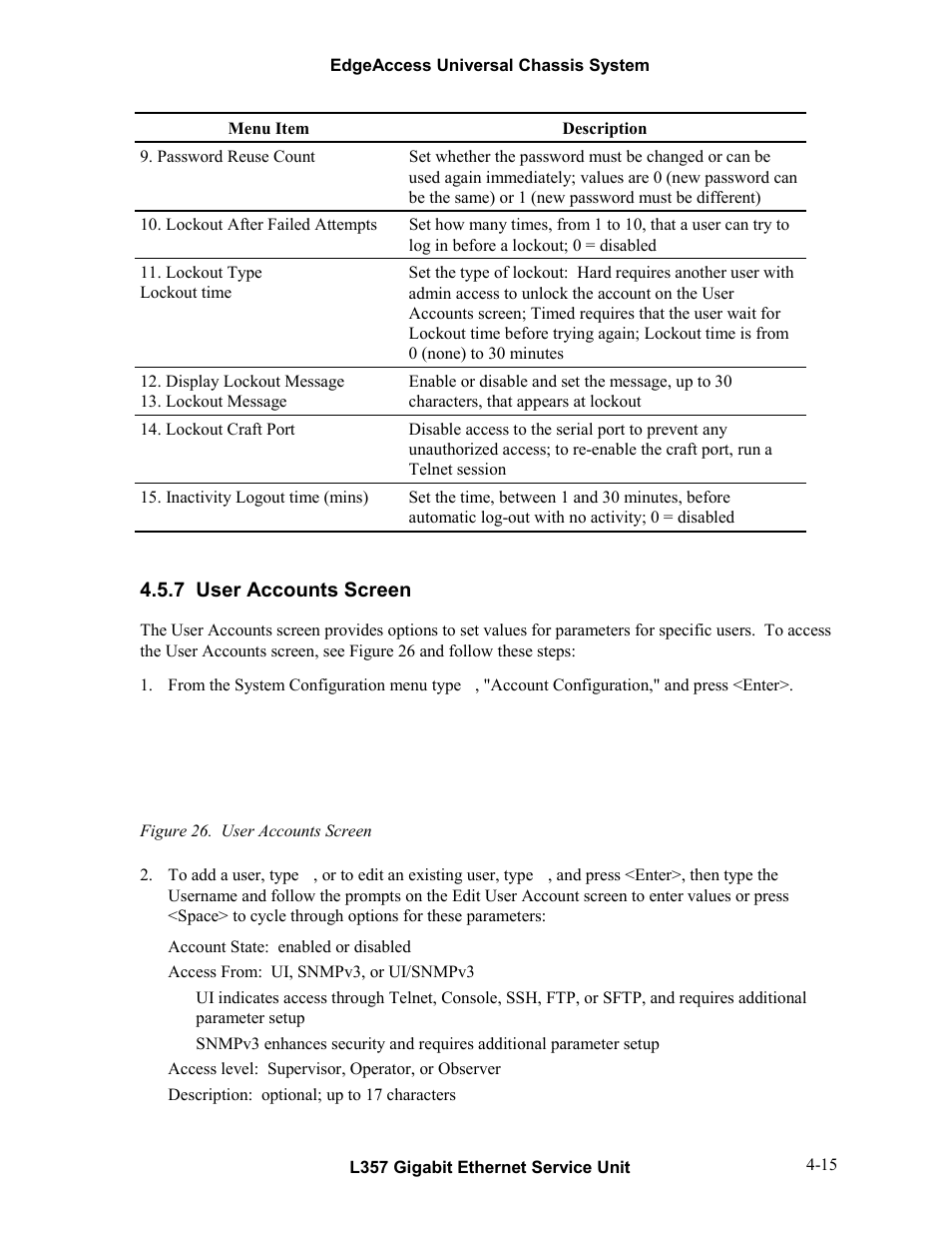 7user accounts screen, User accounts screen -15, Figure 26. user accounts screen -15 | 7 user accounts screen | CANOGA PERKINS L357 Gigabit Ethernet Service Unit User Manual | Page 35 / 58