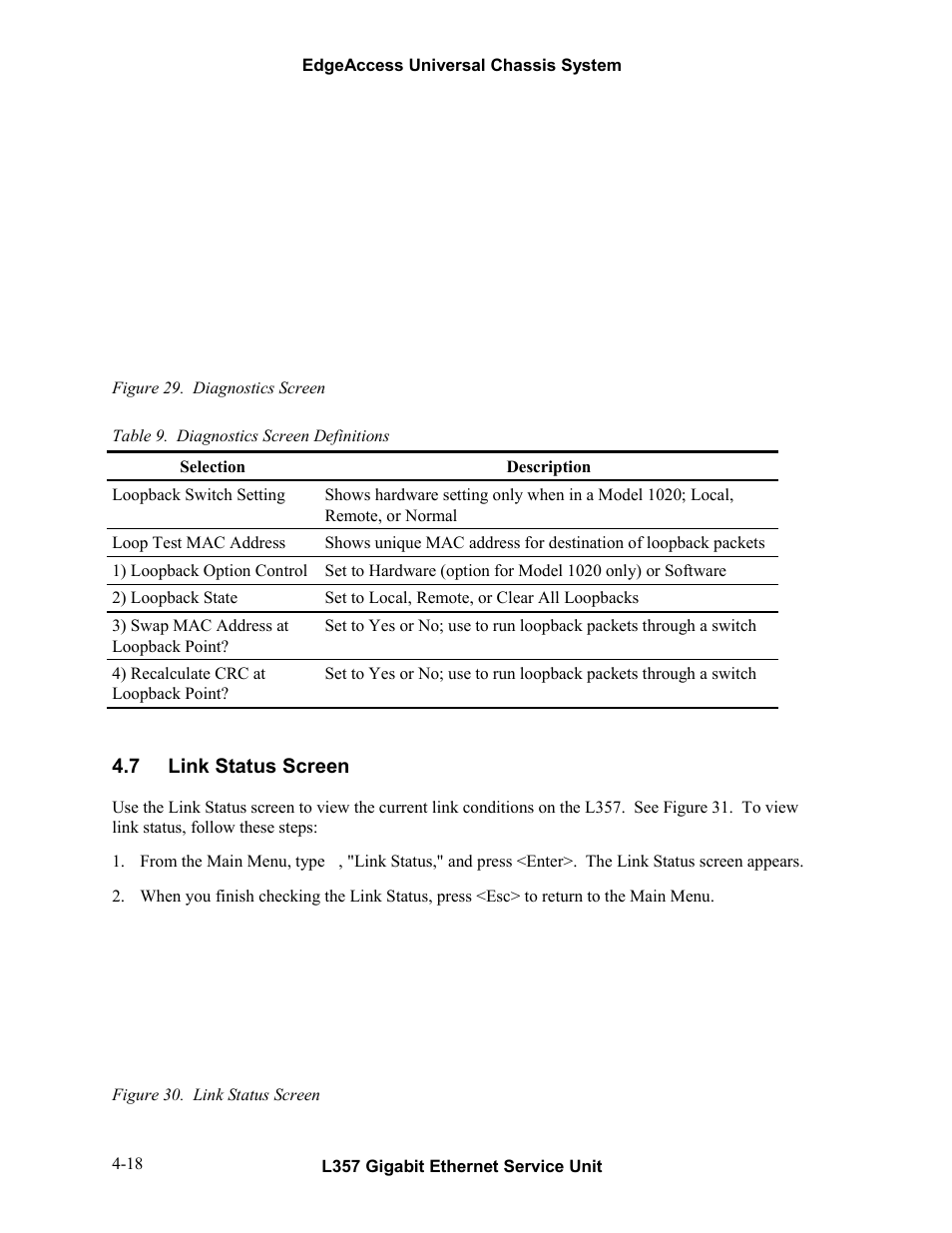 7link status screen, Link status screen -18, Table 9. diagnostics screen definitions -18 | 7 link status screen | CANOGA PERKINS L357 Gigabit Ethernet Service Unit User Manual | Page 38 / 58