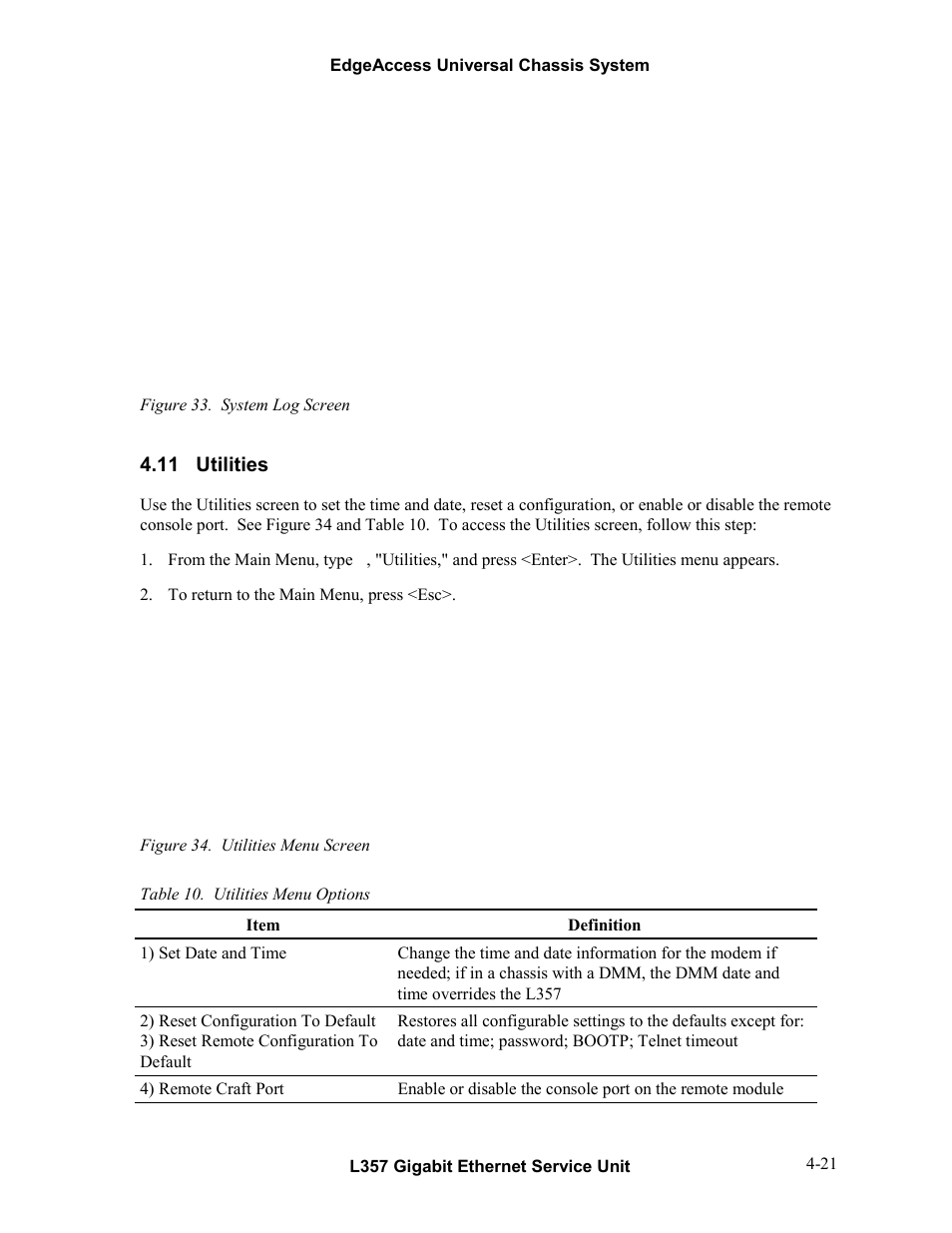 11utilities, Utilities -21, Table 10. utilities menu options -21 | 11 utilities | CANOGA PERKINS L357 Gigabit Ethernet Service Unit User Manual | Page 41 / 58