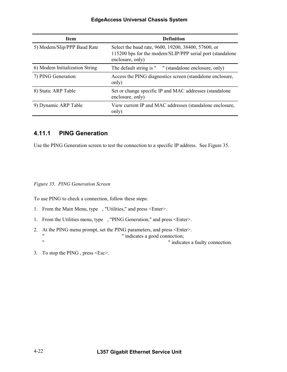 1ping generation, 1 ping generation -22, Figure 35. ping generation screen -22 | CANOGA PERKINS L357 Gigabit Ethernet Service Unit User Manual | Page 42 / 58