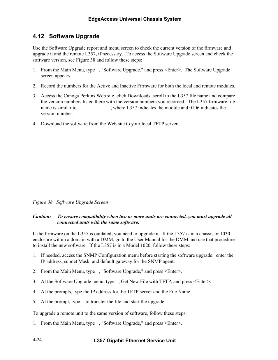12software upgrade, Software upgrade -24, Figure 38. software upgrade screen -24 | 12 software upgrade | CANOGA PERKINS L357 Gigabit Ethernet Service Unit User Manual | Page 44 / 58