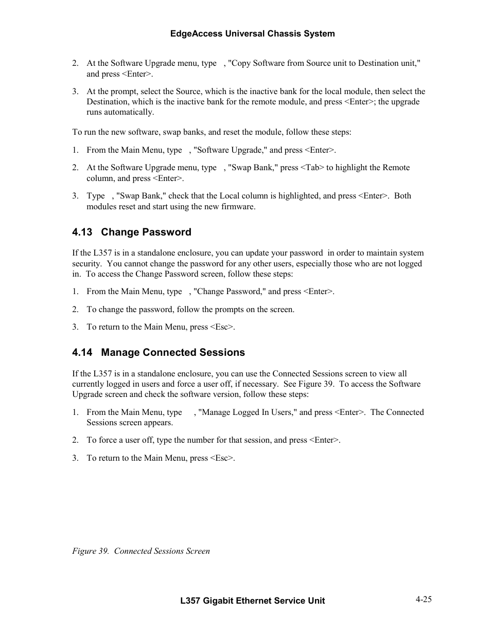 13change password, 14manage connected sessions, Change password -25 | Manage connected sessions -25, Figure 39. connected sessions screen -25, 13 change password, 14 manage connected sessions | CANOGA PERKINS L357 Gigabit Ethernet Service Unit User Manual | Page 45 / 58