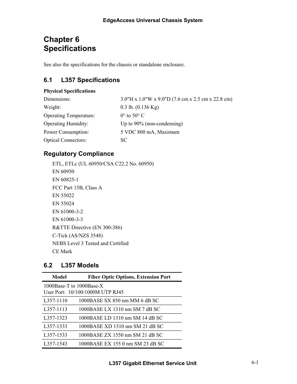 Chapter 6 specifications, 1l357 specifications, 2l357 models | Chapter 6 specifications -1, L357 specifications -1, L357 models -1 | CANOGA PERKINS L357 Gigabit Ethernet Service Unit User Manual | Page 51 / 58