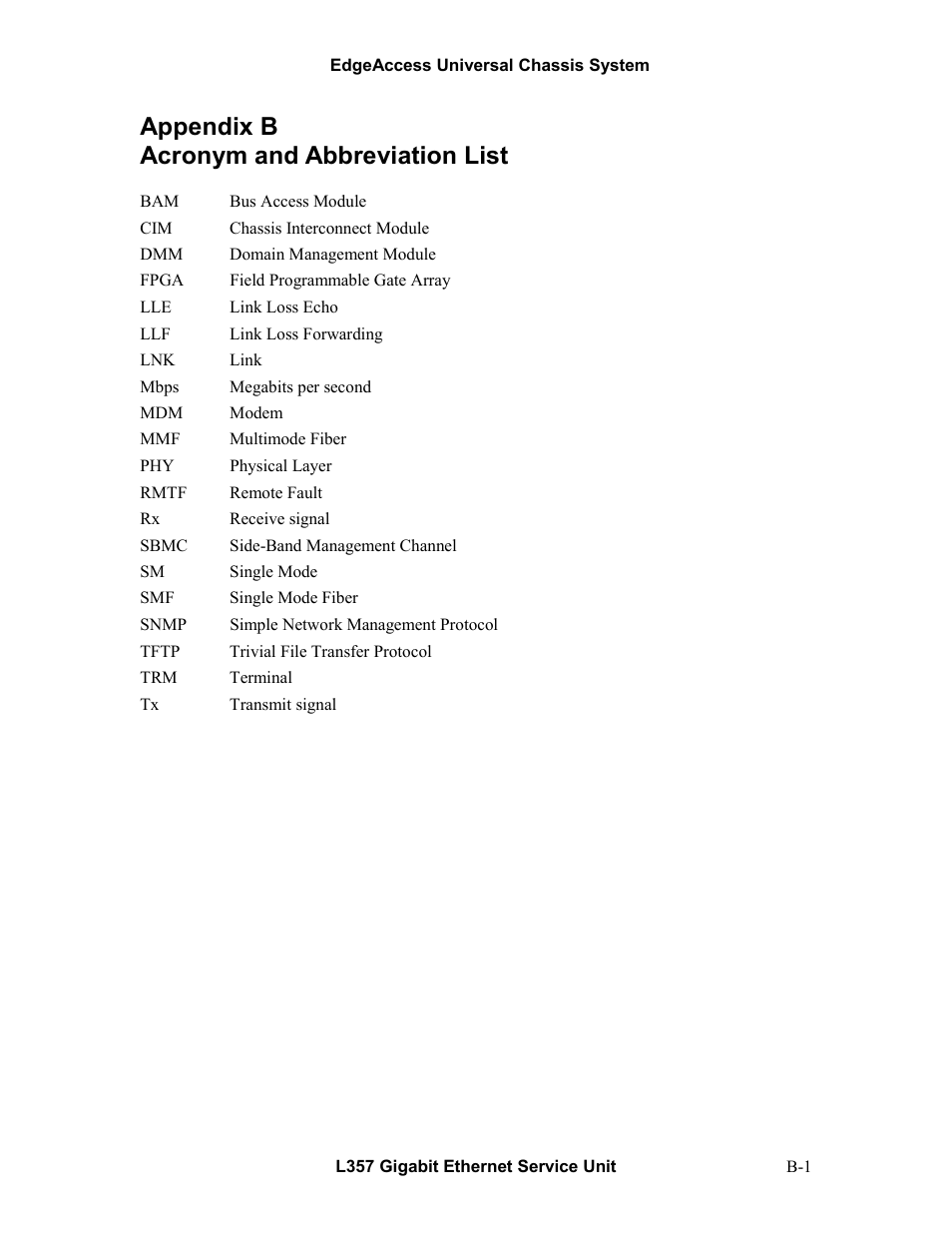 Appendix b acronym and abbreviation list | CANOGA PERKINS L357 Gigabit Ethernet Service Unit User Manual | Page 57 / 58